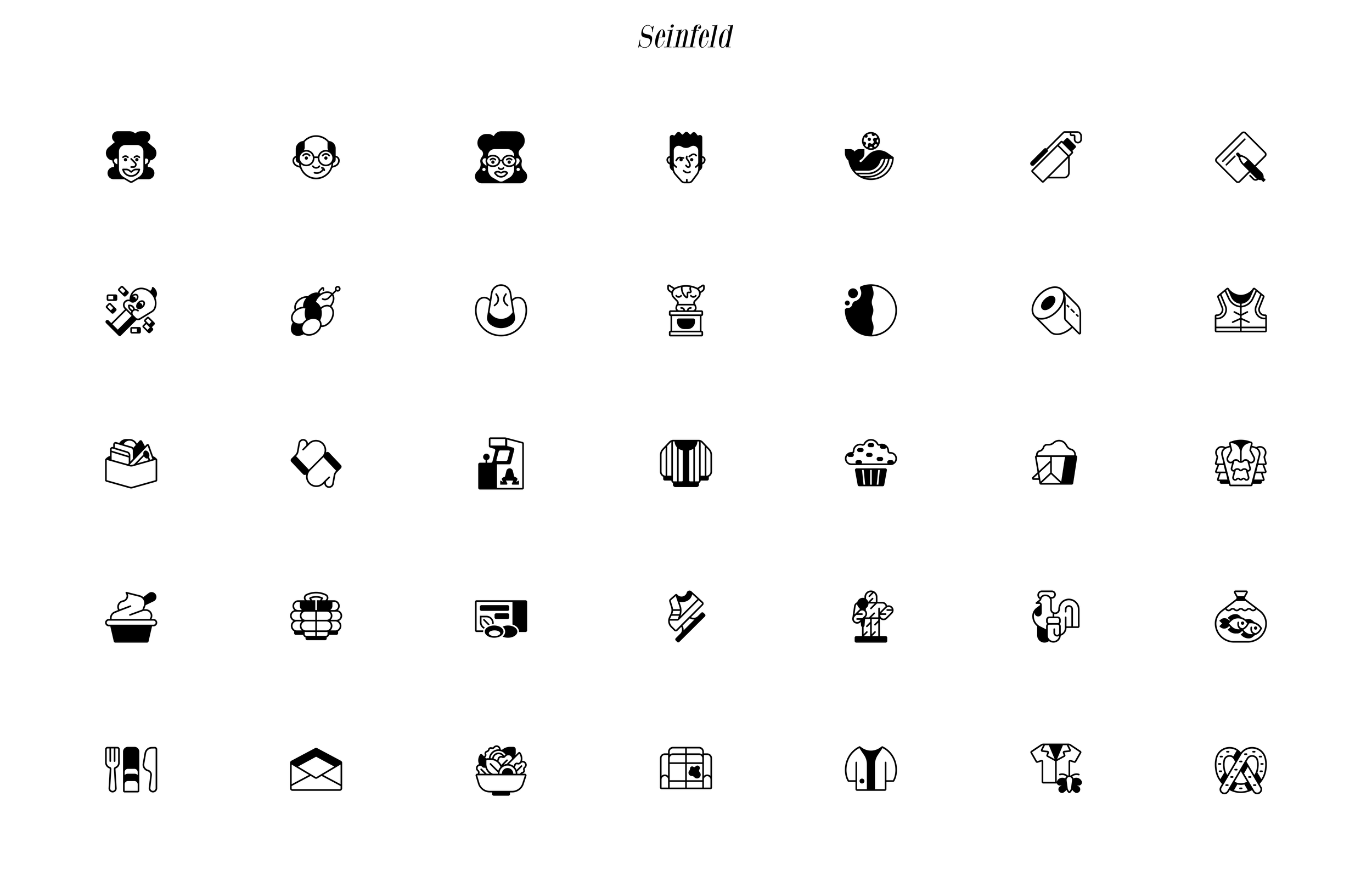 A collection of black and white icons related to the TV show Seinfeld, including caricatures of characters, objects, and scenes from the show.