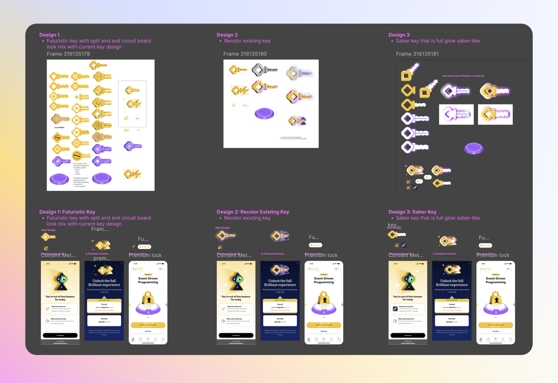 Comparison chart of three different key designs with descriptions, illustrations, and smartphone app mockups for a digital lock system. The designs include futuristic, recolored, and full glow saber-style keys.