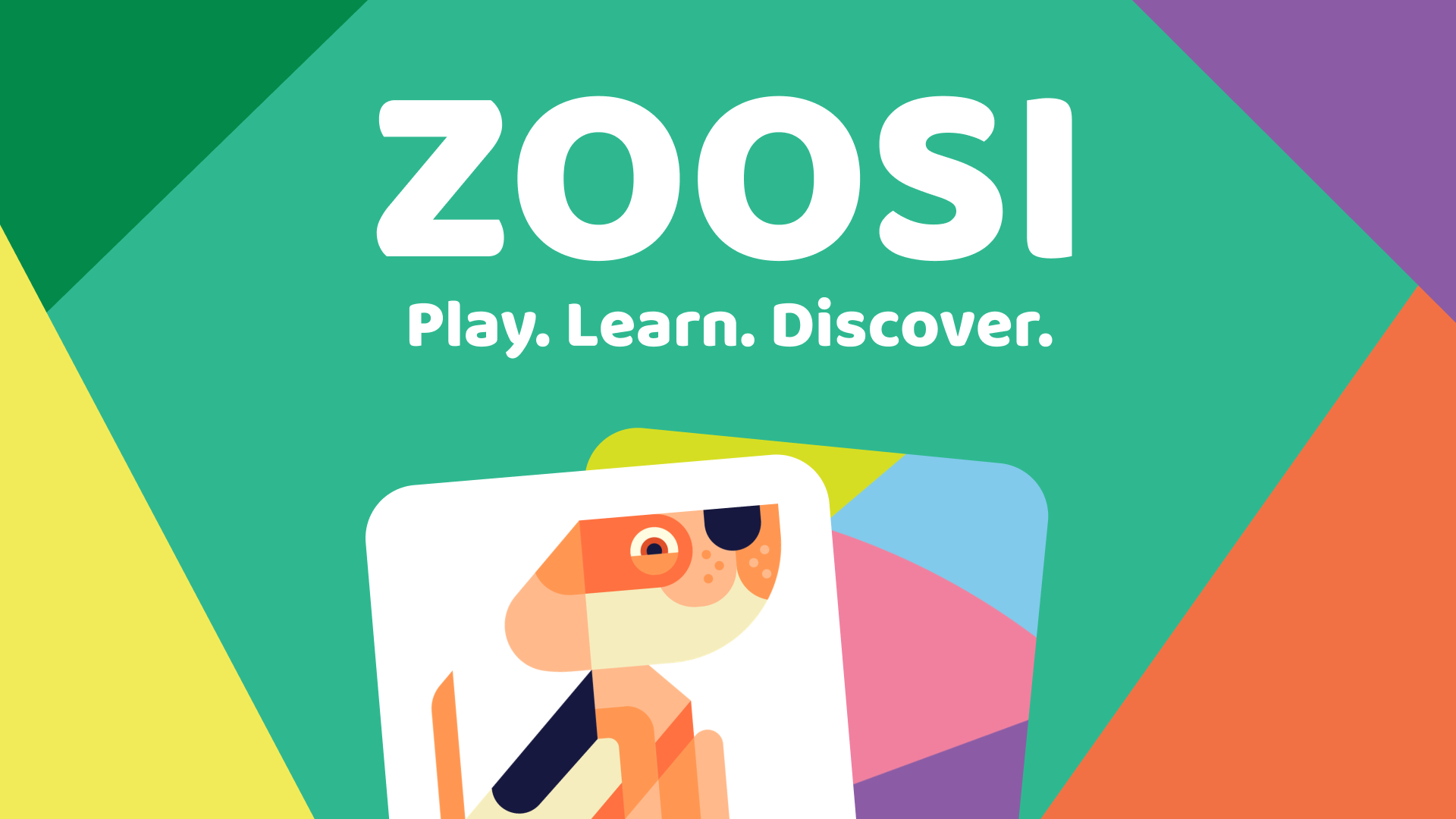 Colorful promotional graphic for ZOOSI, featuring a cartoon dog and the tagline "Play. Learn. Discover."