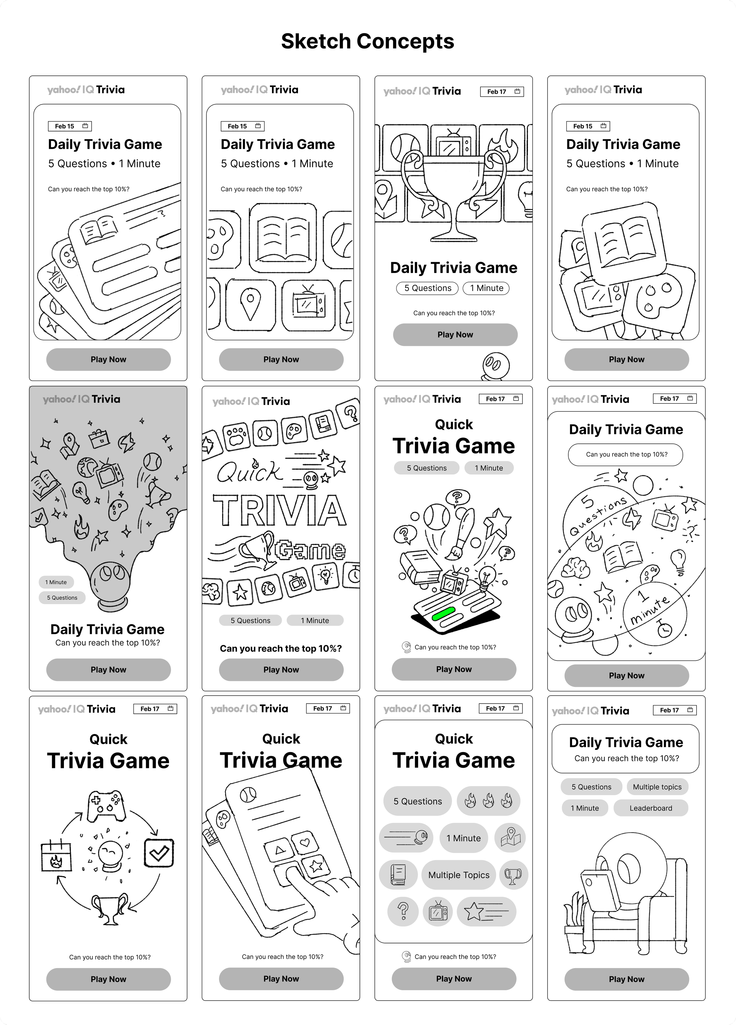 A collage of black and white sketches of various mobile game interfaces for a daily trivia game, showing different screens with game titles, questions, icons, and buttons.