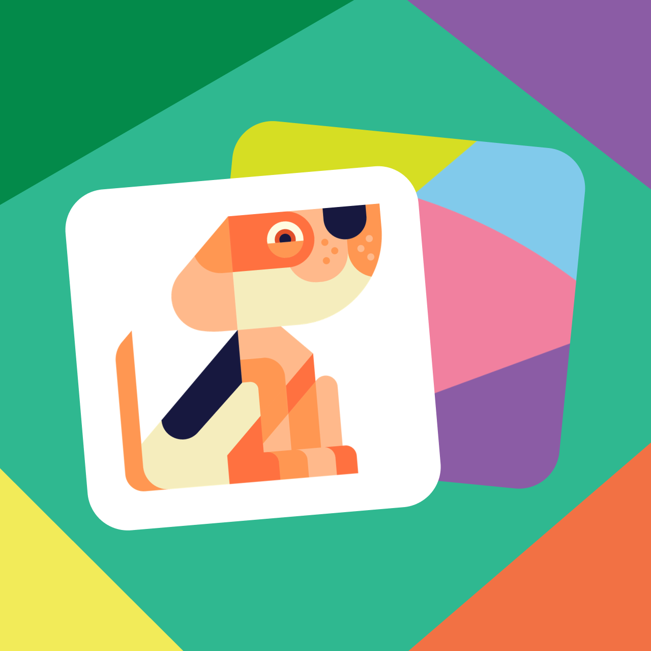 Colorful abstract illustration featuring a stylized dog portrait with a black eye patch, placed on colorful geometric backgrounds.