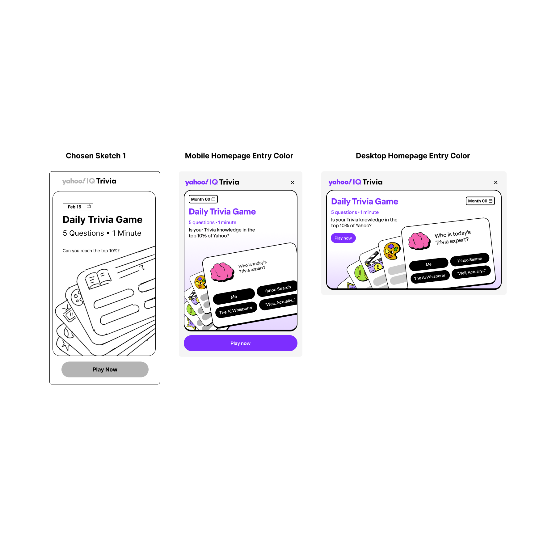 Comparison of three screens showing the design process for a Yahoo IQ trivia game app, with sketches, mobile app mockup, and desktop mockup.