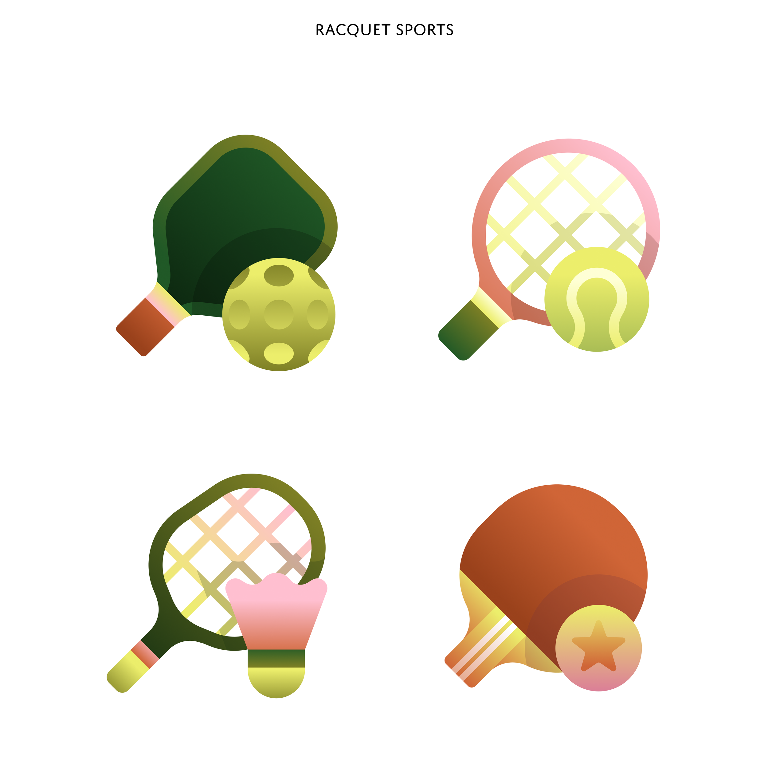 Four digital illustrations of tennis equipment: top left has a tennis racket with a yellow ball, top right shows a tennis racket with a tennis ball, bottom left features a tennis racket with a pink tennis glove, and bottom right displays a tennis rac
