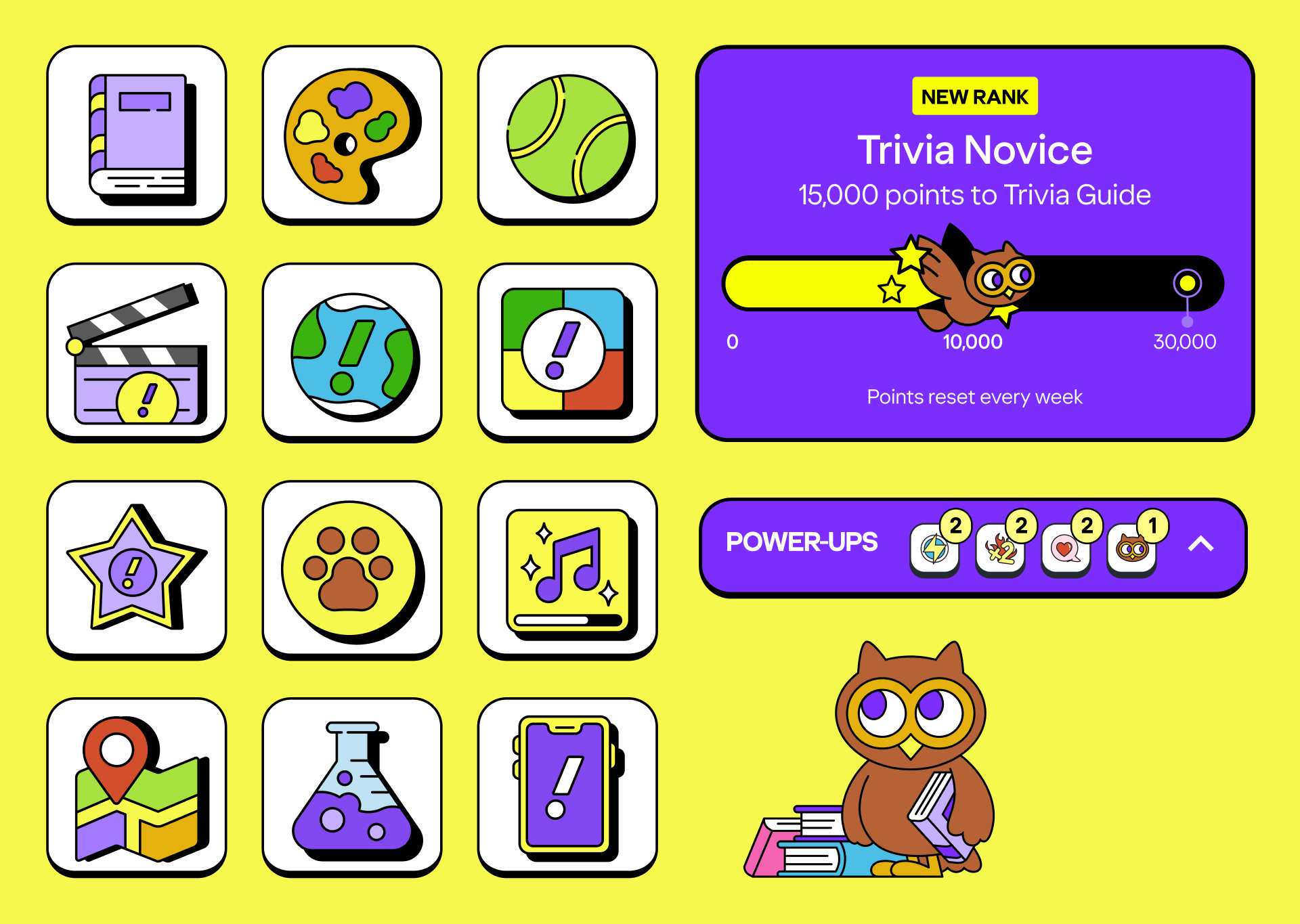 Digital game interface featuring icons of books, an artist palette, a tennis ball, a clapperboard, a globe, a tabletop game, a star with an exclamation mark, a paw print, a music note, a location pin, a flask, a smartphone, and an owl character holding books against a yellow background.