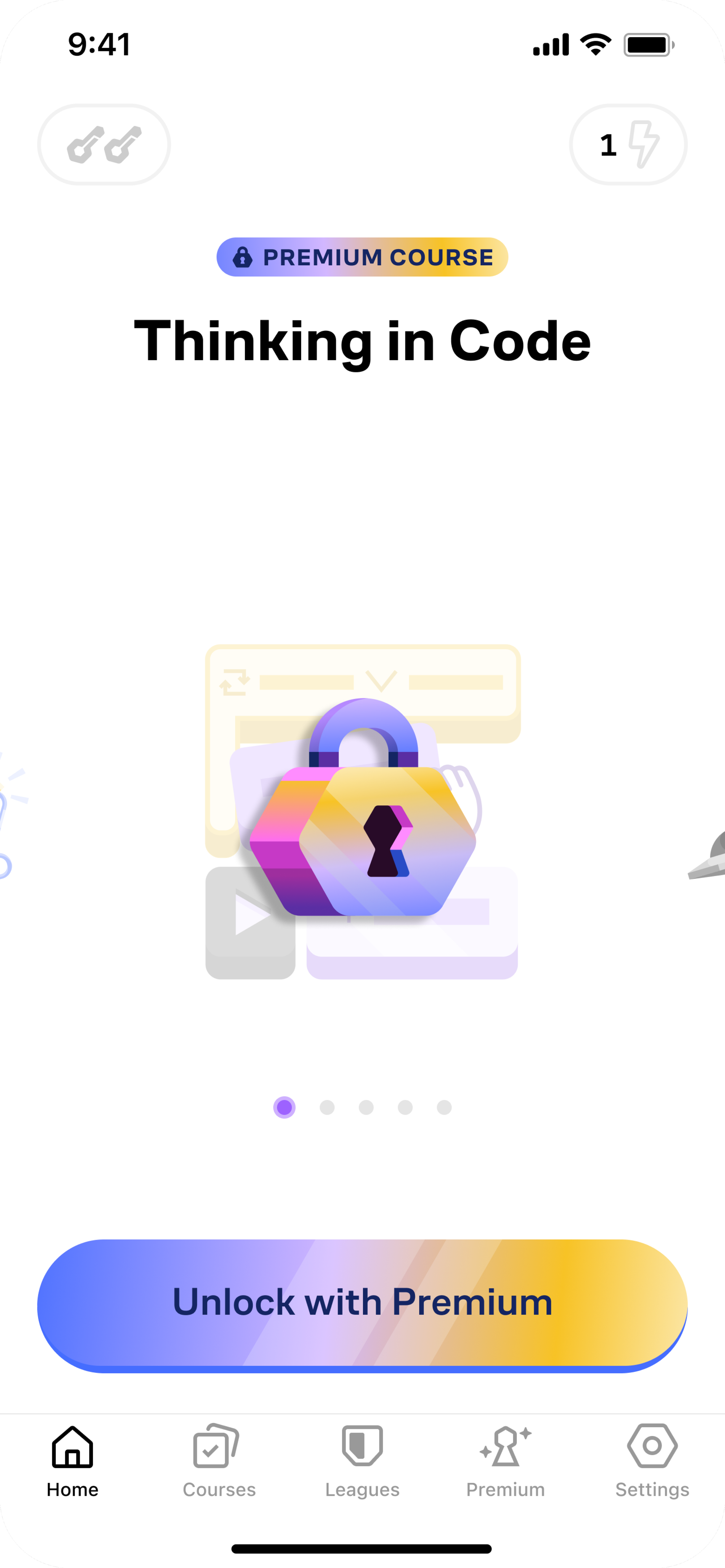 Mobile app screen displaying a premium course titled 'Thinking in Code' with a colorful lock icon, a button labeled 'Unlock with Premium', and navigation icons at the bottom.