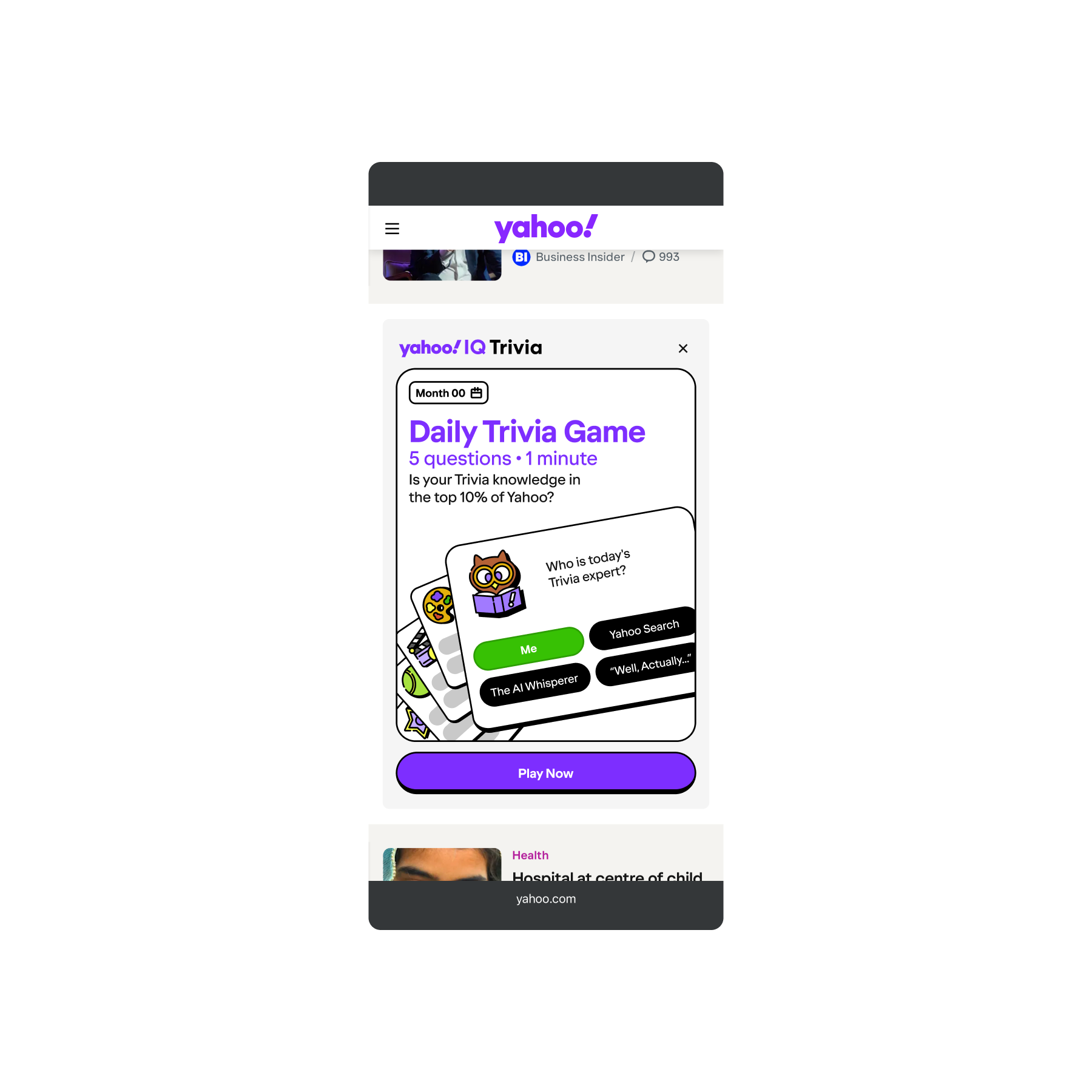 A mobile phone screen displaying a Yahoo! Trivia Daily Trivia Game interface with a purple Play Now button at the bottom.