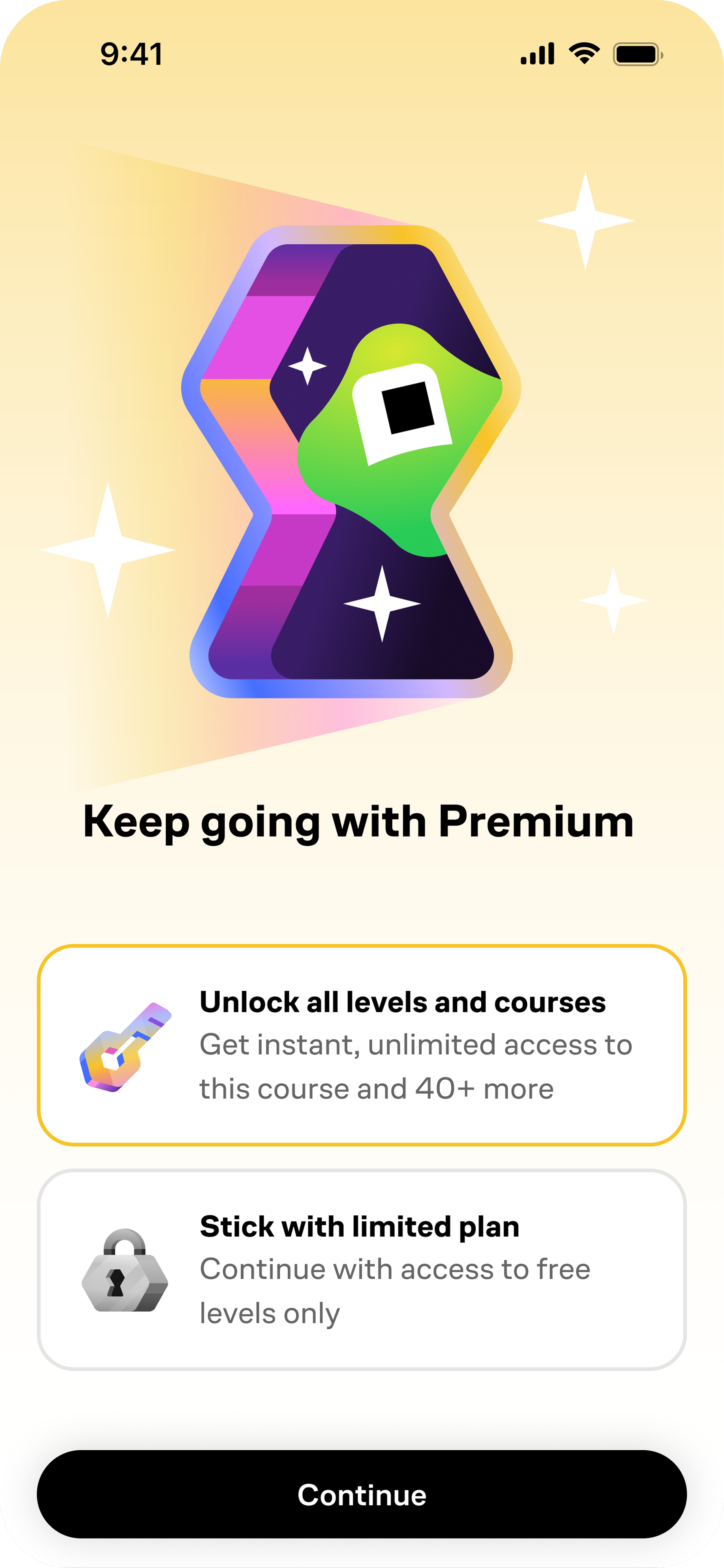 Screen showing options to unlock all levels and courses or stick with limited plan in a mobile app. Illustration of a colorful, stylized key and mint-green alien-like figure with a black square, surrounded by star-like sparkles.