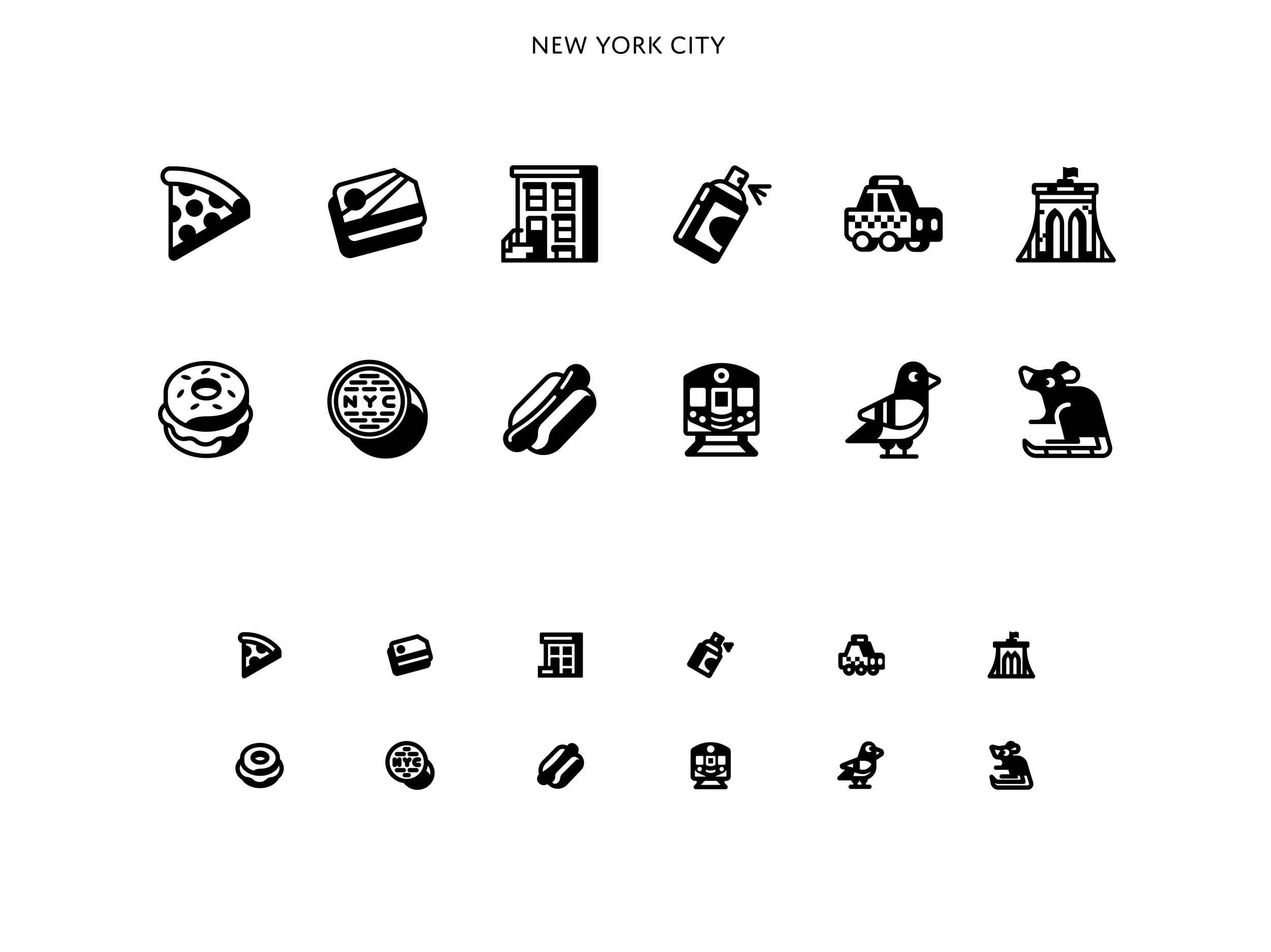 Row of icons depicting New York City items: pizza slice, cheesecake, building, spray can, taxi, Statue of Liberty, donut, clock, hot dog, subway train, bird, dog on skateboard, and a different pizza slice