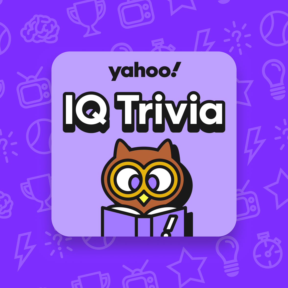 Yahoo IQ Trivia app icon with an owl wearing glasses and reading a book on a purple background.