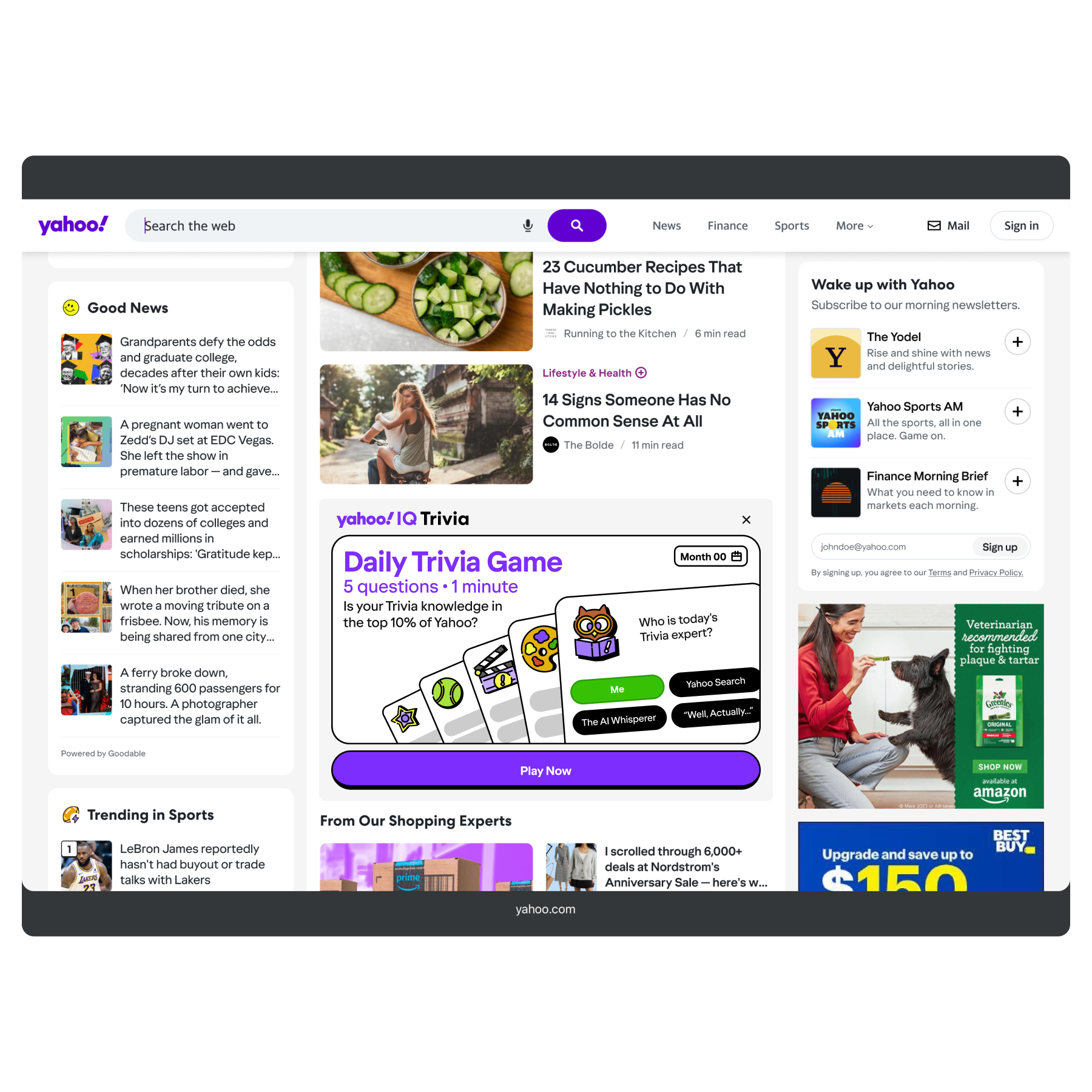 Screenshot of the Yahoo homepage featuring news articles, a trivia game, and advertisements.