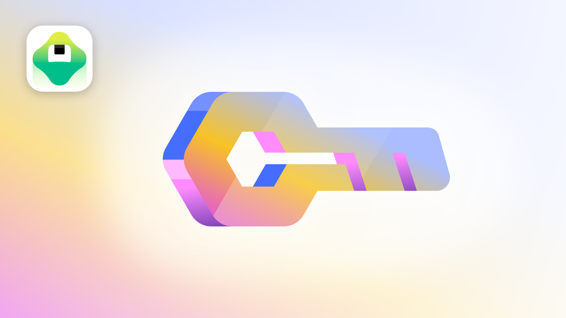 Colorful abstract geometric logo with overlapping hexagons and a central white arrow