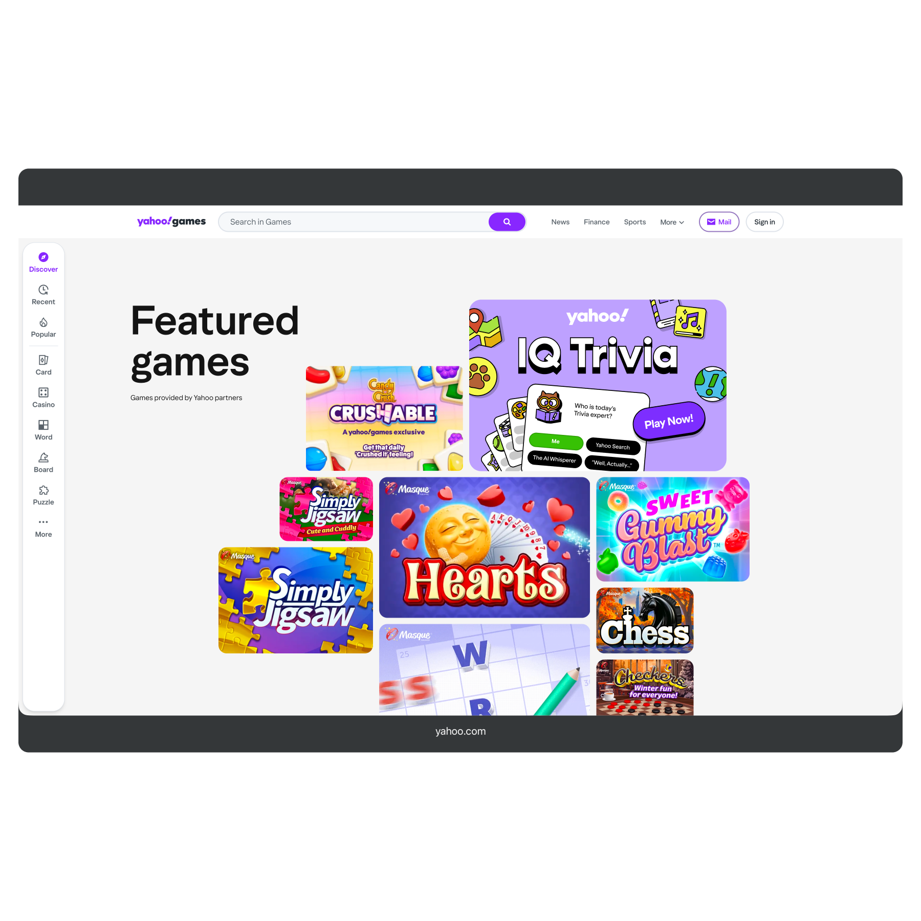Screenshot of Yahoo Games homepage featuring various game icons and banners, including IQ Trivia, Hearts, Gummy Blast, Chess, and puzzle games.