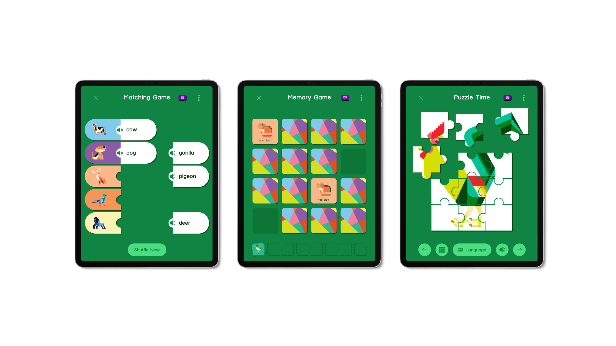 Three digital tablets displaying various colorful children's games on a green background. The first tablet shows a matching game with animals and labels, the second shows a memory card game with animal images, and the third shows a puzzle game of a c