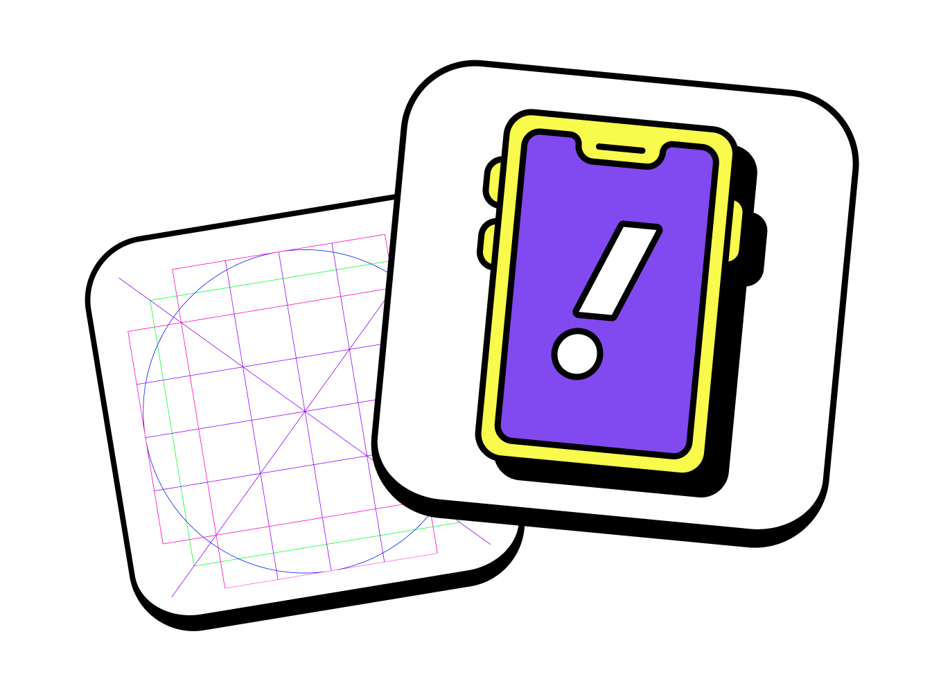 Two abstract devices, one with a purple exclamation mark, the other with geometric lines and circles.