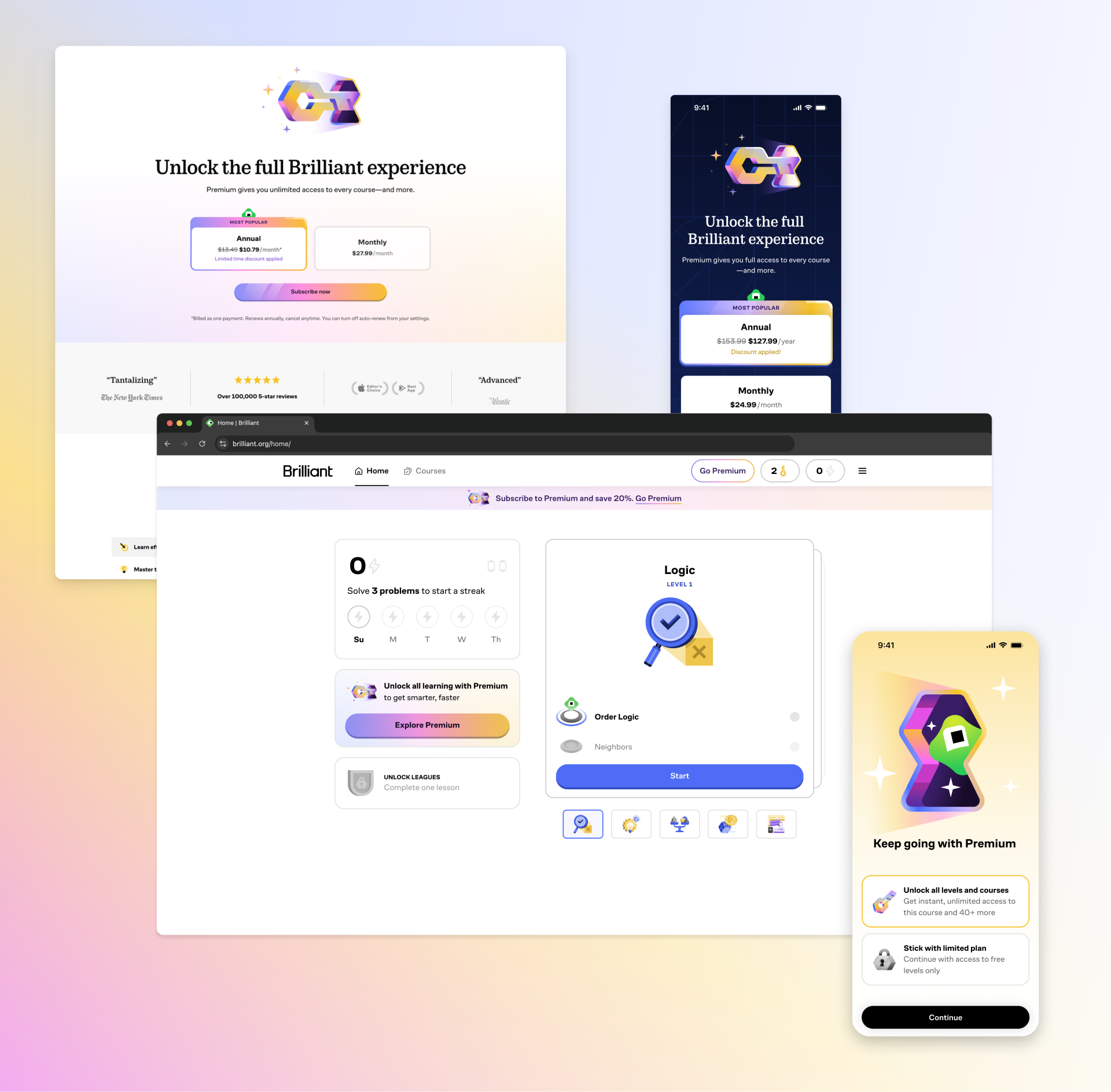 Multiple overlapping digital screens displaying a website or app with colorful graphics and text promoting a premium learning platform, set against a pastel background.