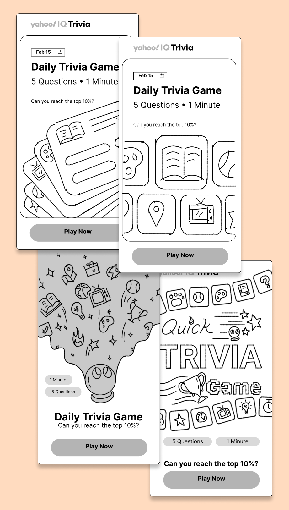 Black and white digital illustrations of trivia game screens and posters for a daily trivia game, with text indicating questions, game duration, and a "Play Now" button.