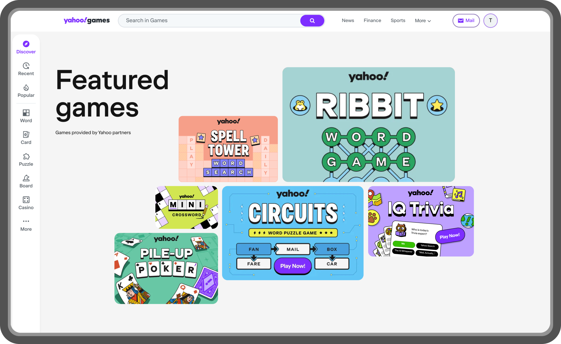 Screenshot of Yahoo Games homepage featuring featured games like RIBBIT, SPELL TOWER, CIRCUITS, PILE-UP POKER, and IQ Trivia, with navigation options on the left and top menu.
