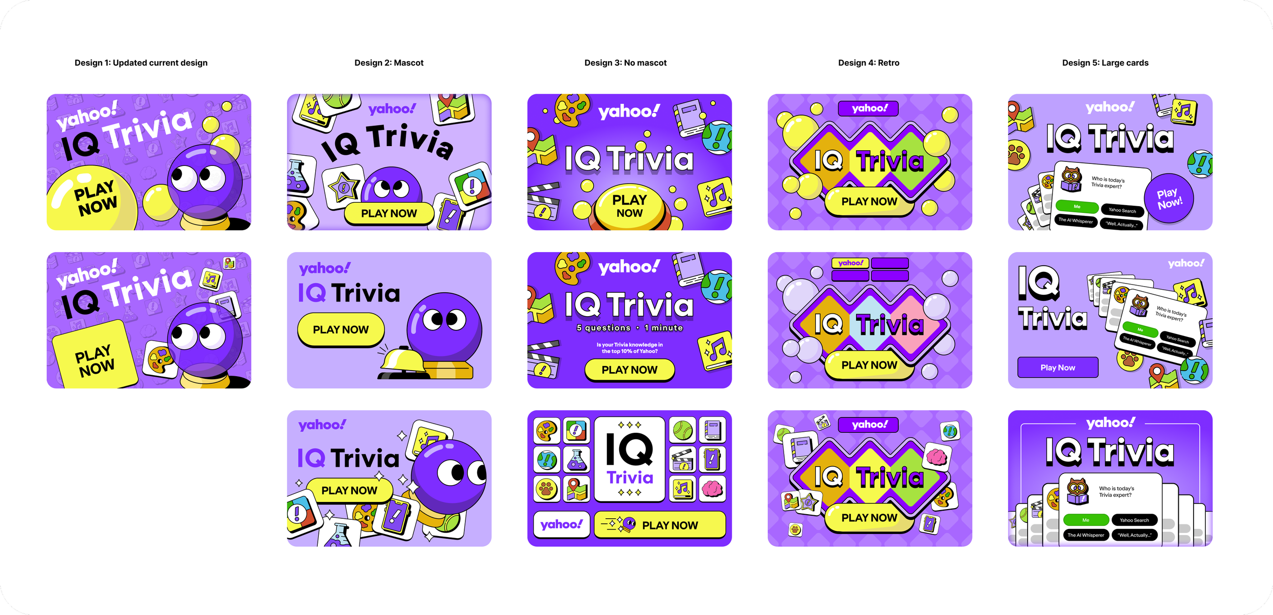A collection of fifteen purple-themed Yahoo IQ Trivia game graphics, each with a yellow "PLAY NOW" button, featuring icons, characters, and text in various styles.