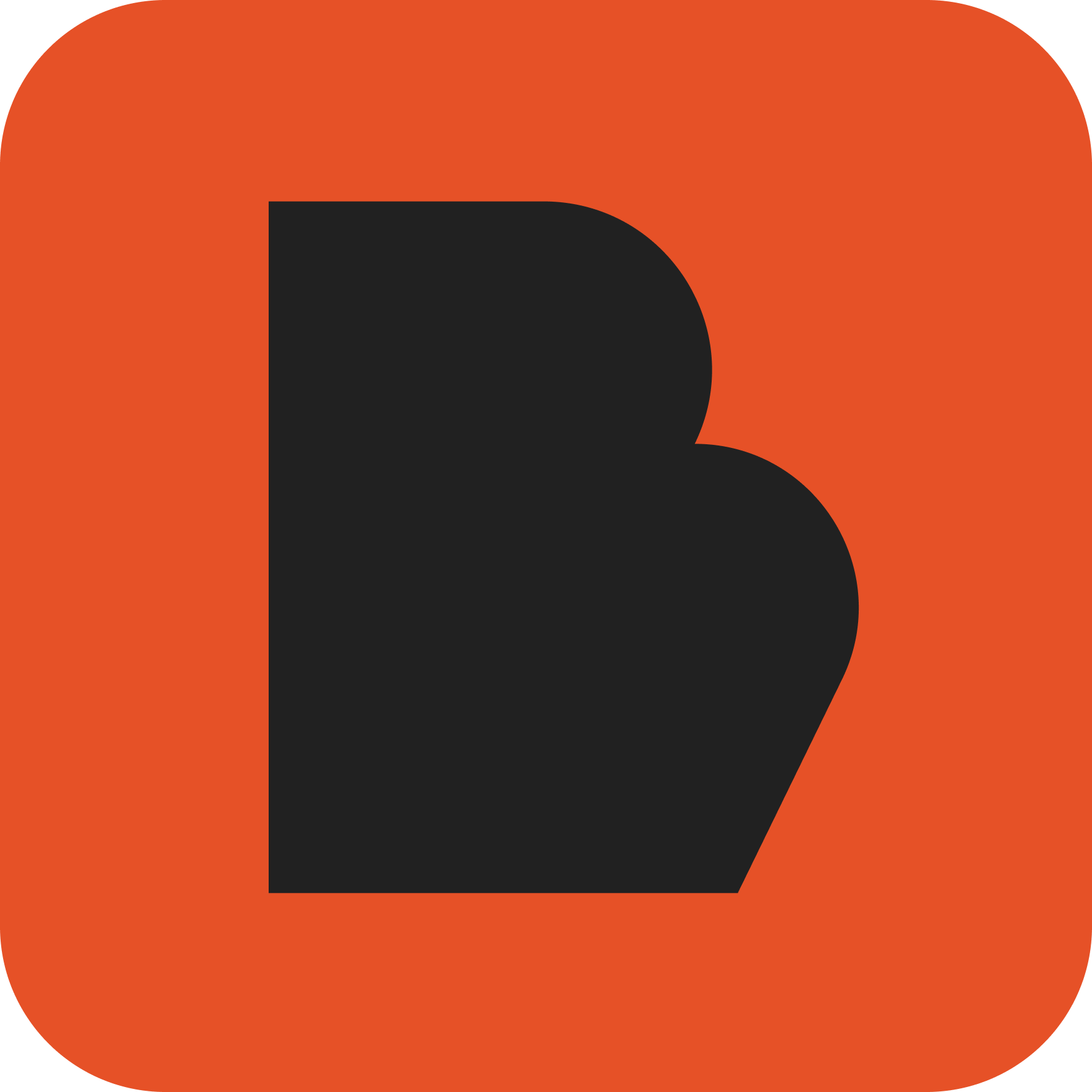 A large orange square with rounded corners featuring a black lowercase letter 'b' in the center.