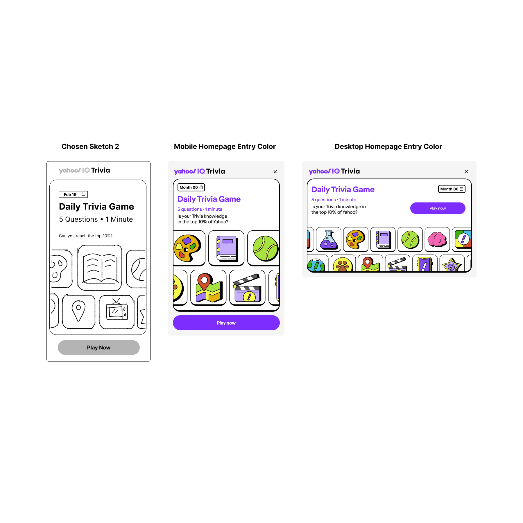 Comparison of three quiz interface designs for Yahoo! IQ Trivia, showing different layouts for mobile and desktop screens, including a daily trivia game with five questions and a 'Play now' button.