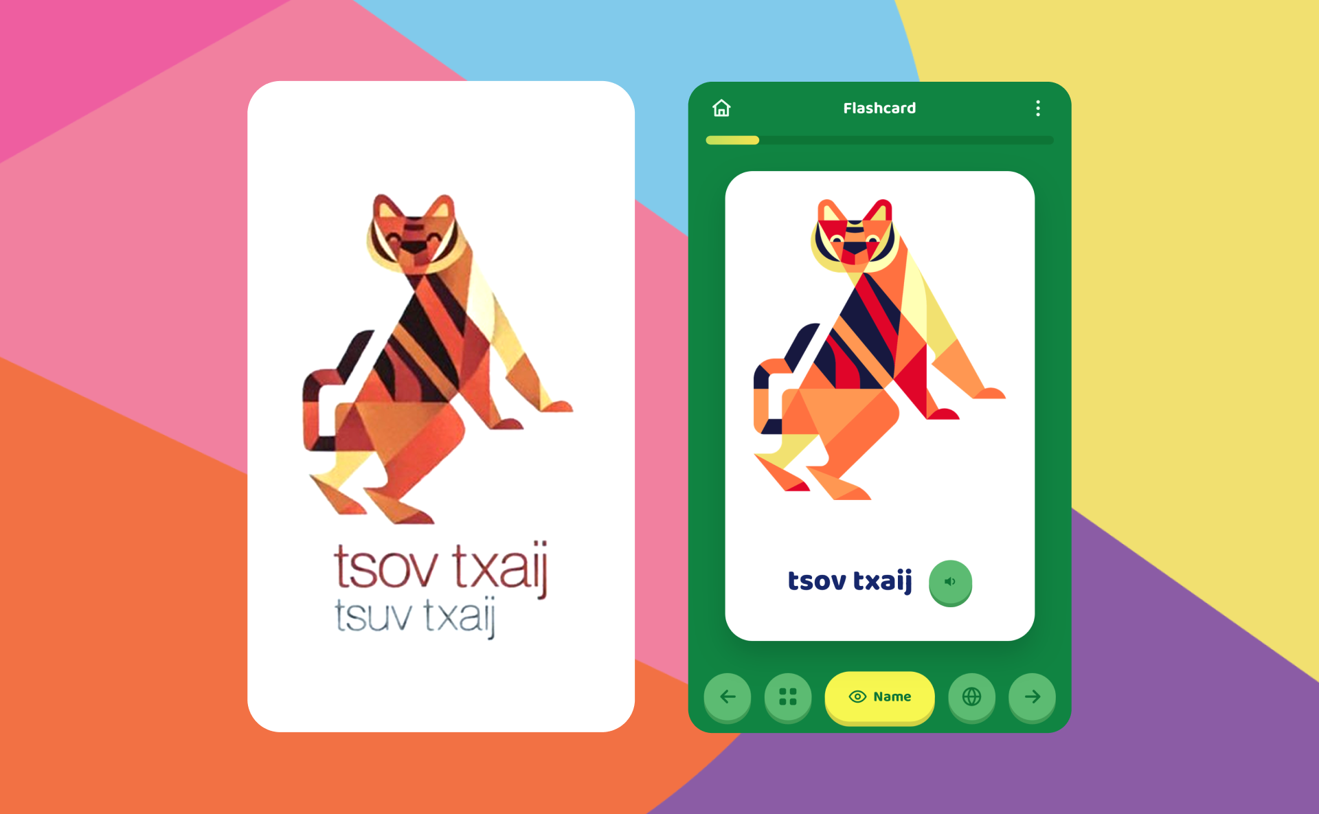 Digital illustration of a colorful tiger logo in a geometric style on a mobile device screen, with the words "tsov txaij" repeated beneath it, set against a vibrant, multi-colored background.