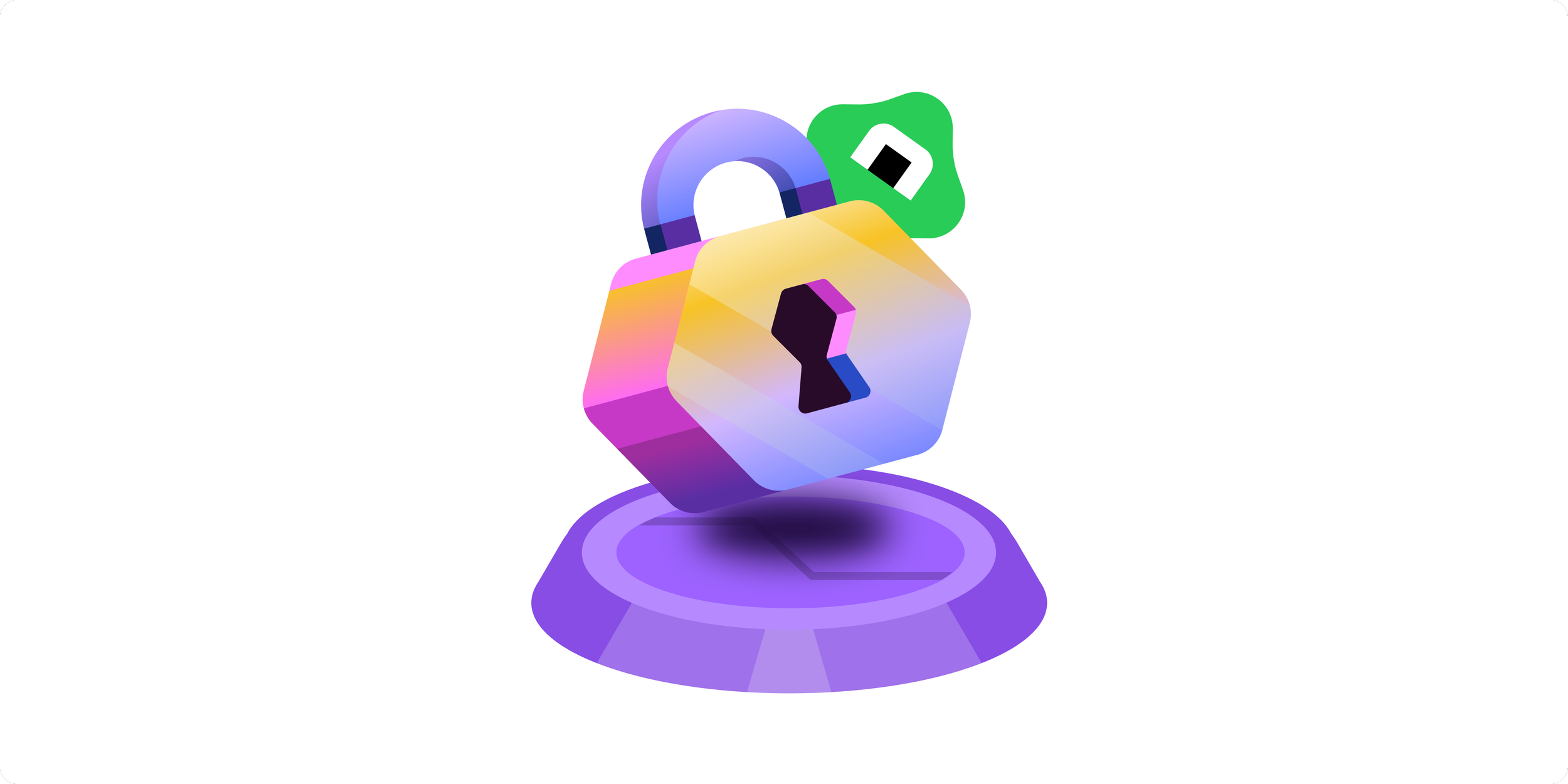 Digital illustration of a colorful padlock with a purple, blue, green, pink, and yellow gradient, floating above a purple circular platform.