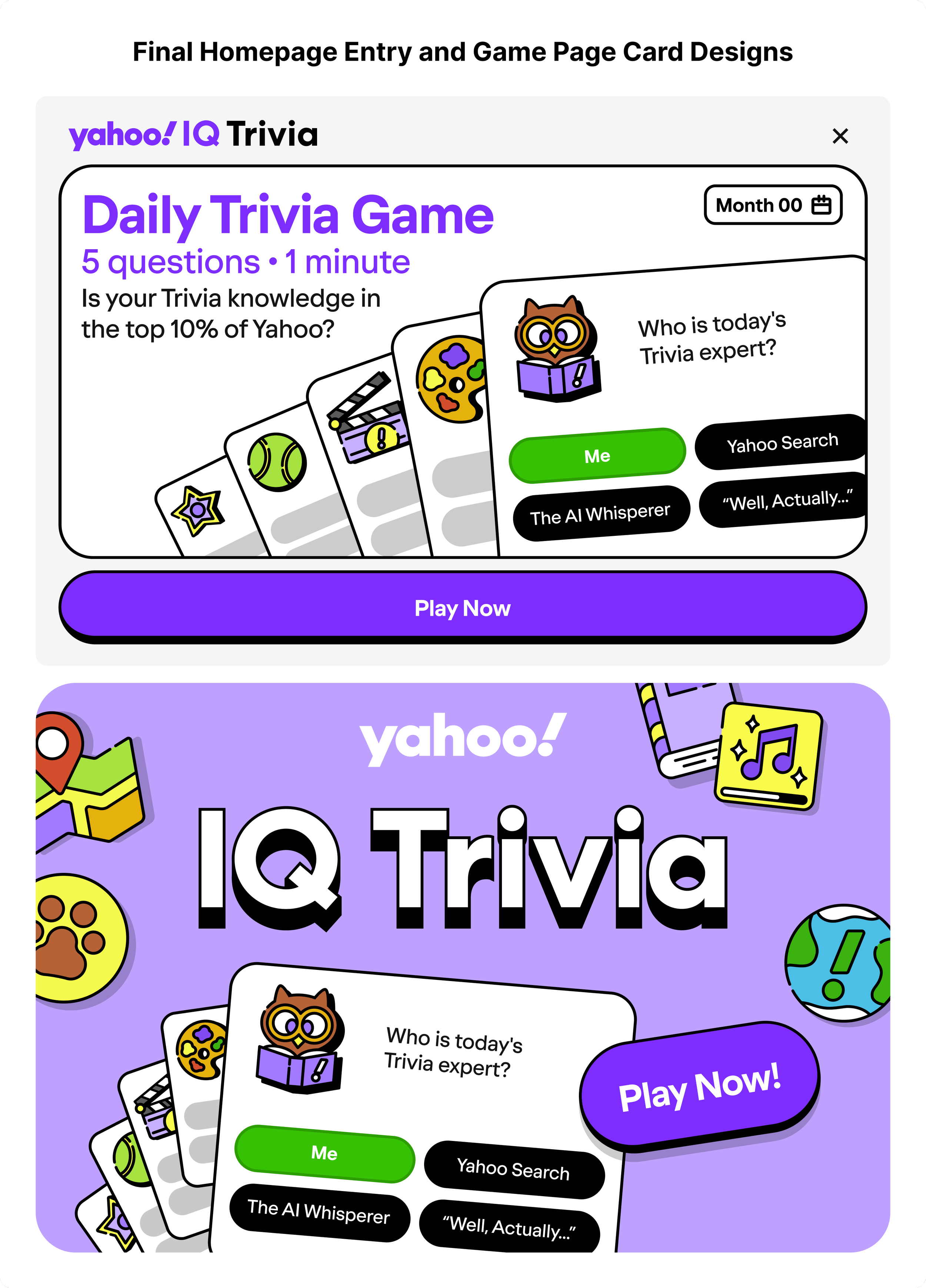 Screenshots of two Yahoo IQ Trivia advertisements for a daily trivia game. The top ad features a white background with purple and black text, and images of playing cards. The bottom ad has a purple background with white and black text, and illustrations of game-related icons.