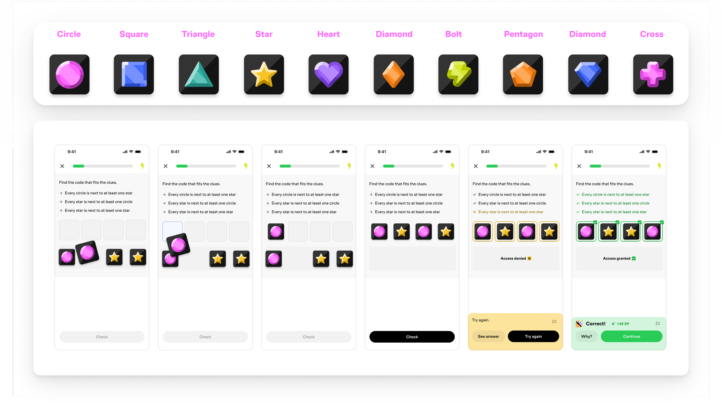Mobile app screens showing a code-finding game with instructions and checkmarks for matching shapes and colors, with a green continue button at the end.