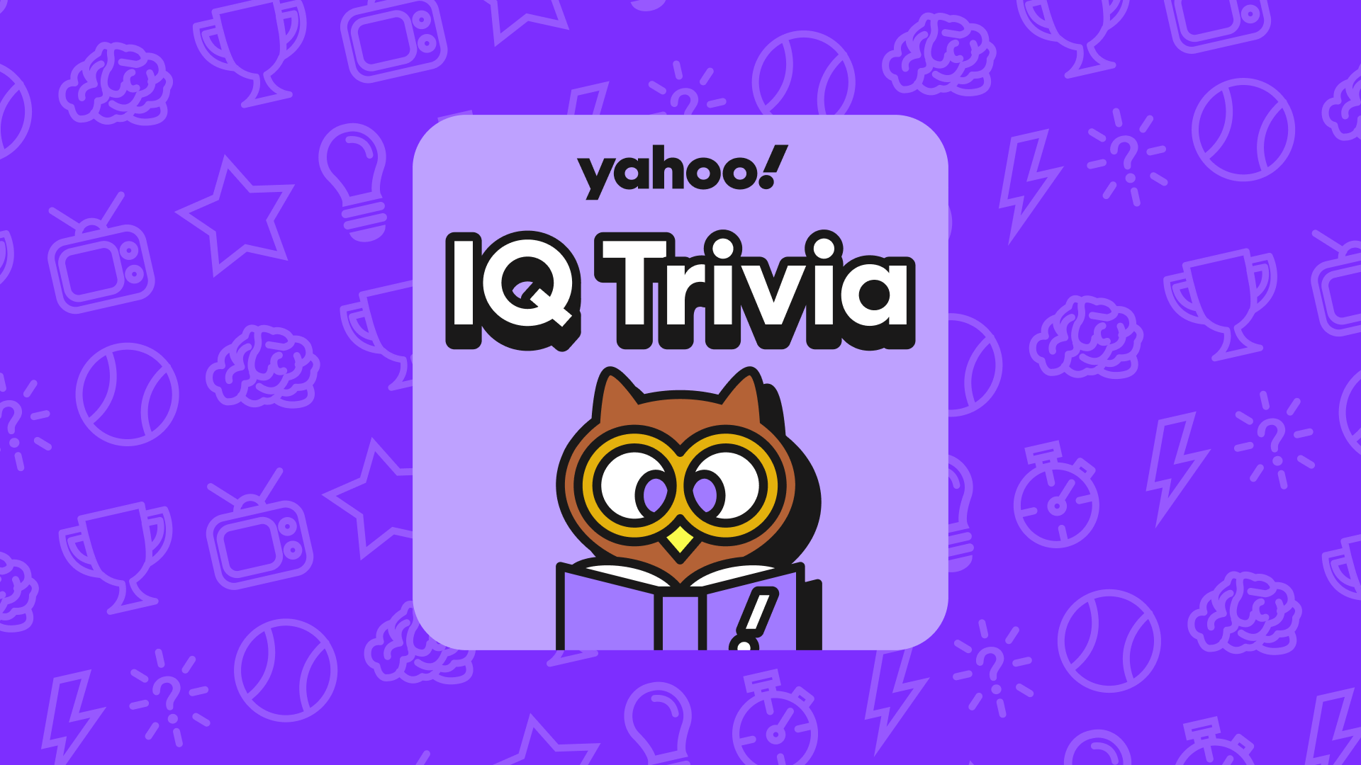 Yahoo! IQ Trivia game cover featuring an owl reading a book with a purple background decorated with light icons of trophies, clocks, and lightbulbs.