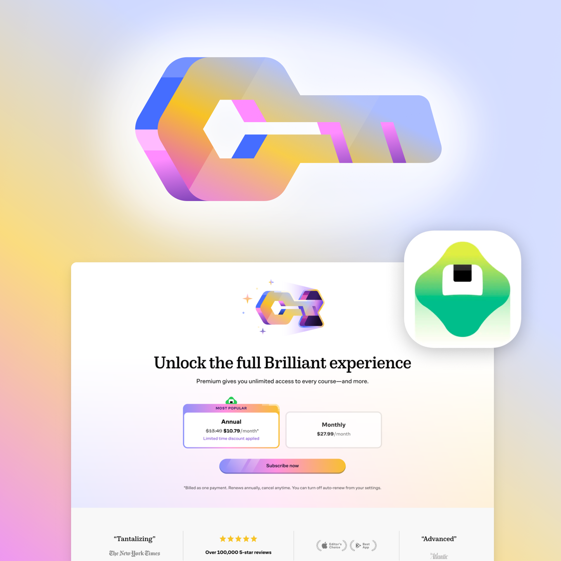 A colorful website advertisement offering a premium service with unlimited access to courses, featuring subscription options for annual and monthly plans, and a subscribe button, against a gradient background.