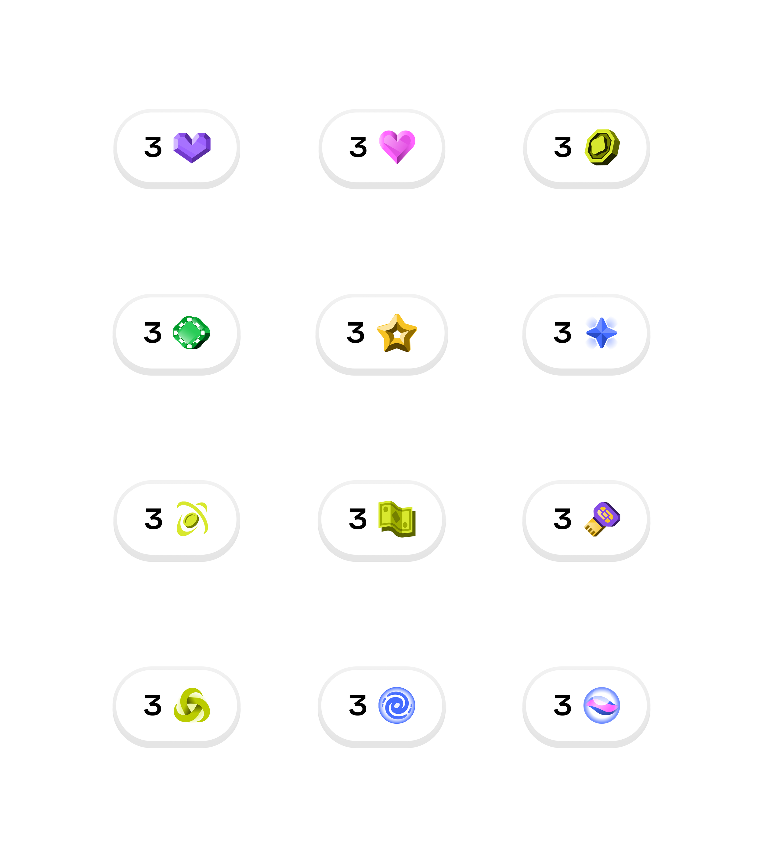 Collection of 12 colorful game tokens with the number 3 on each, arranged in a grid of 3 rows and 4 columns.