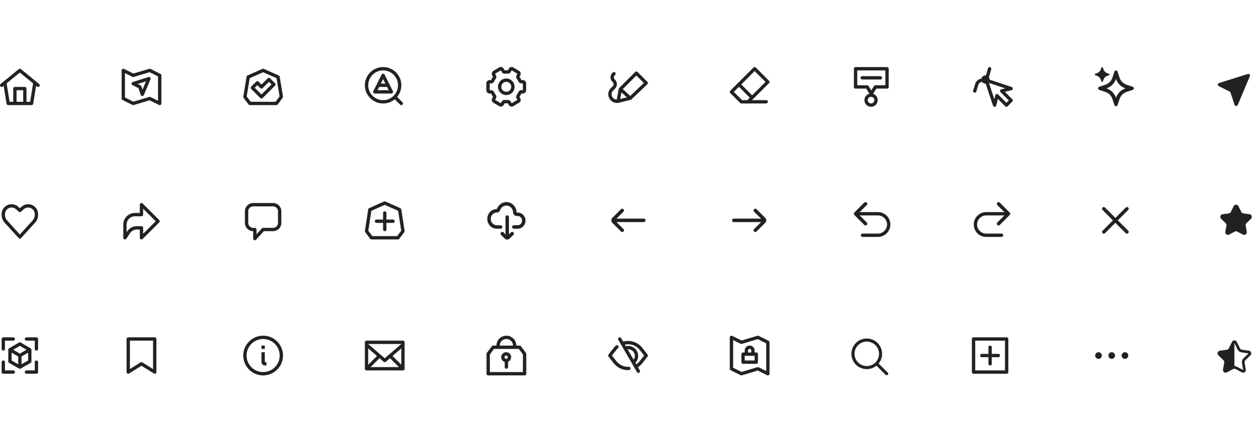 Screenshot of a mobile app interface with a row of icons, including home, map, checkmark shield, warning triangle, gear, pencil, eraser, speech bubble, cloud upload, arrow icons, and star icons, all in grayscale.
