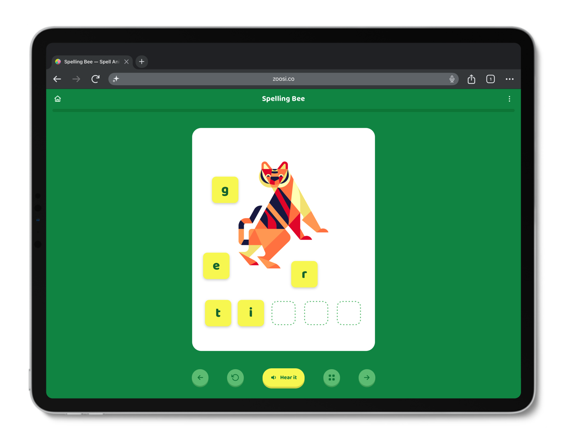 A tablet screen displaying an educational game called Spelling Bee where a colorful, stylized tiger illustration is shown with letter tiles below it for spelling words.