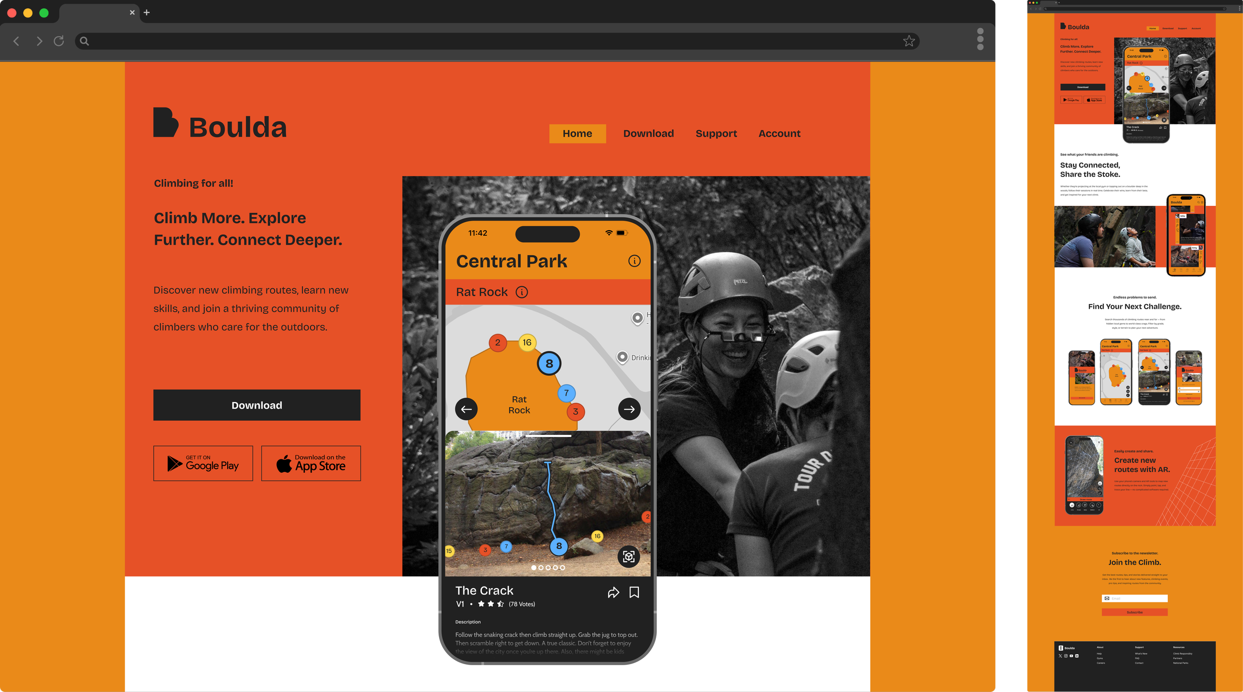 Screenshot of Boulda mobile app homepage showing a outdoor climbing route map at Central Park, with a woman smiling and dressed in climbing gear, in black-and-white background, and orange and black user interface elements.
