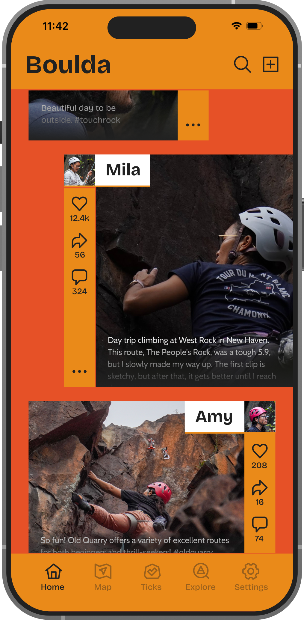 Smartphone screen displaying a social media app with posts about rock climbing. The top post shows a person climbing on a dark rock wall, with the caption mentioning a trip to West Rock in New Haven. The bottom post shows another person climbing on a