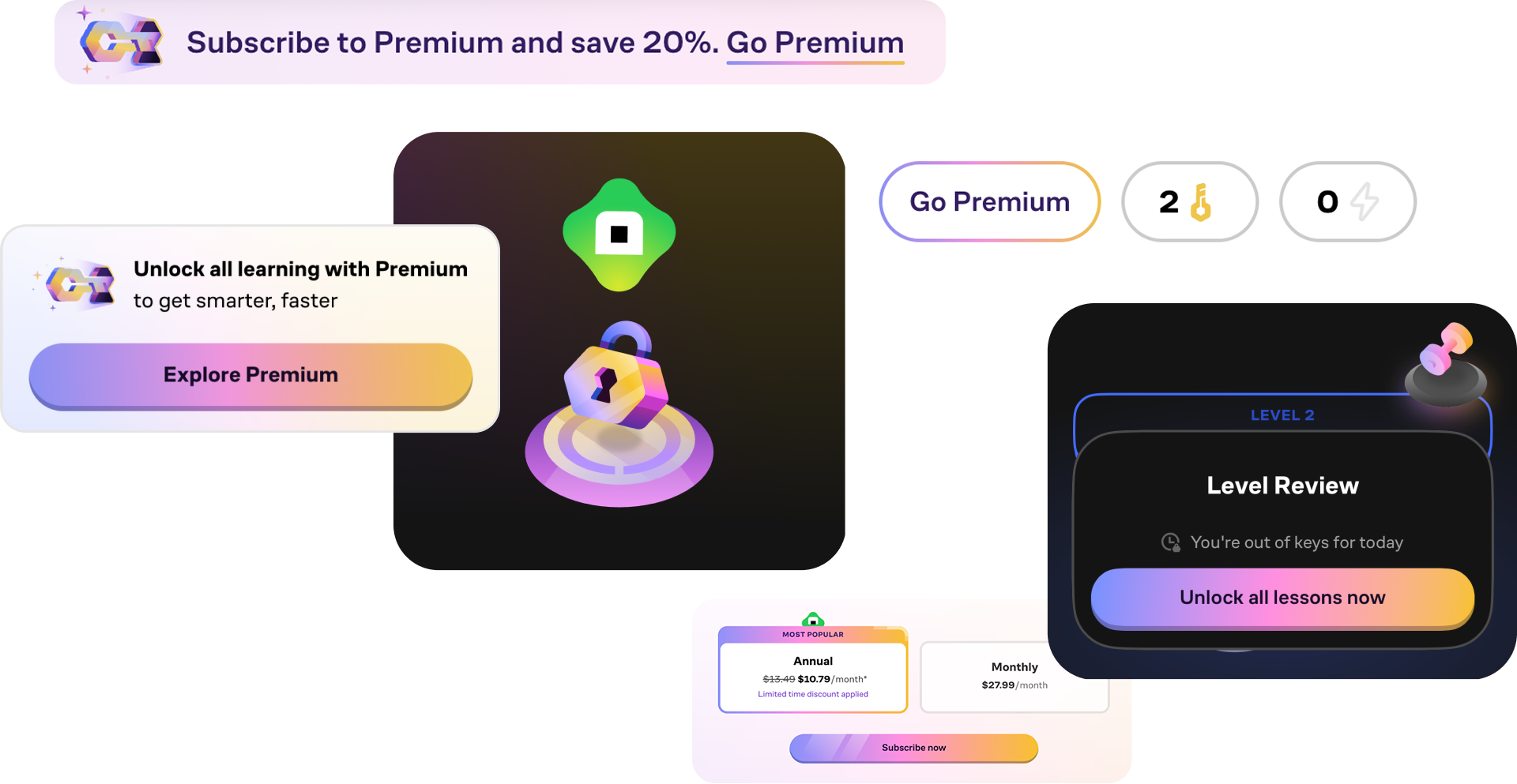 A digital subscription webpage with options to subscribe to premium service, featuring colorful buttons and graphics, including a lock icon, a key icon representing levels, and a level review notification indicating out of keys for the day, with promotional banners and pricing details.