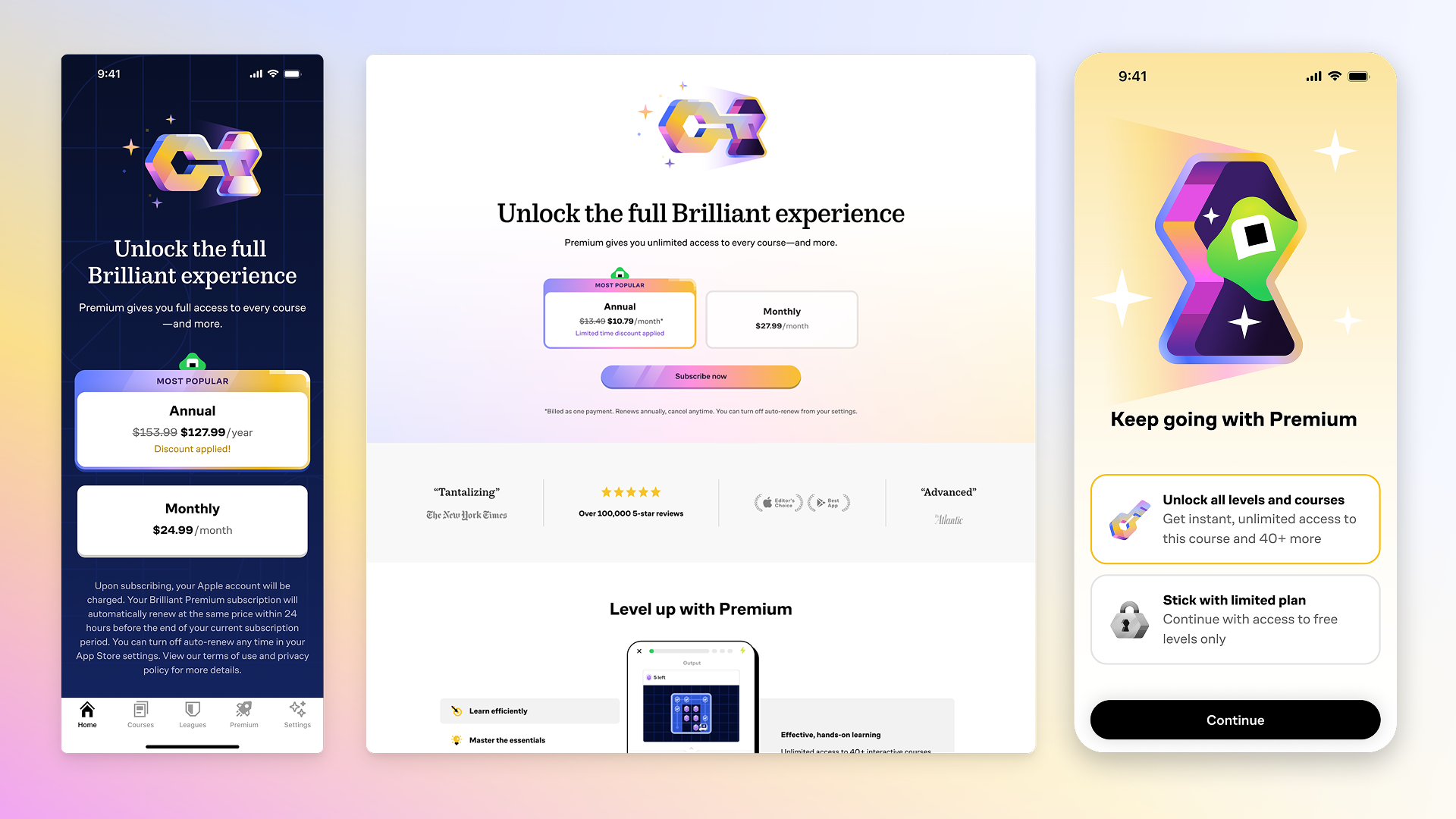Screenshots of an app subscription page displaying different plans and features, with colorful graphics and icons, including options for annual and monthly memberships.