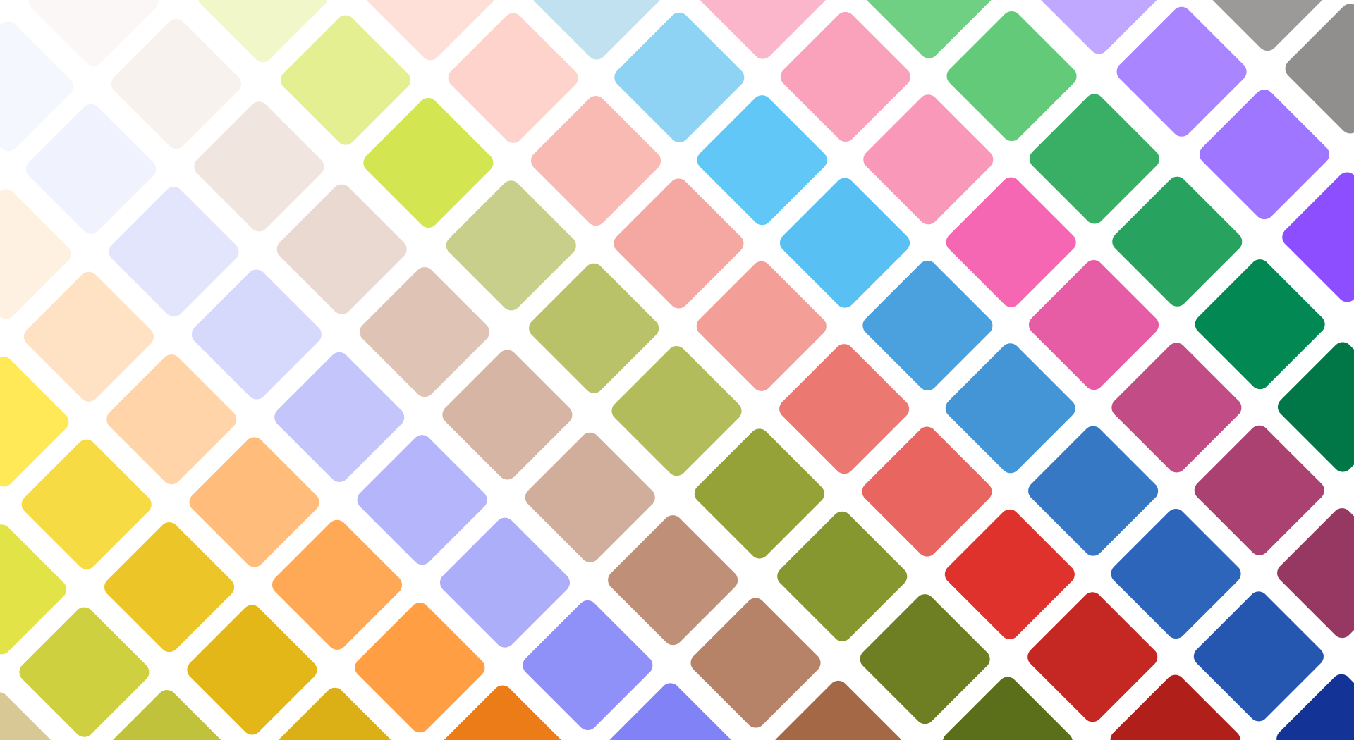 Diagonal pattern of colorful diamond shapes on a white background, with colors including yellow, orange, purple, blue, green, red, and beige.