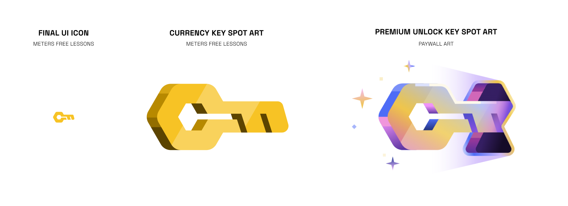 Comparison of cryptocurrency key art styles: simple yellow key, colorful gold and purple geometric key with sparkles, and futuristic holographic design.