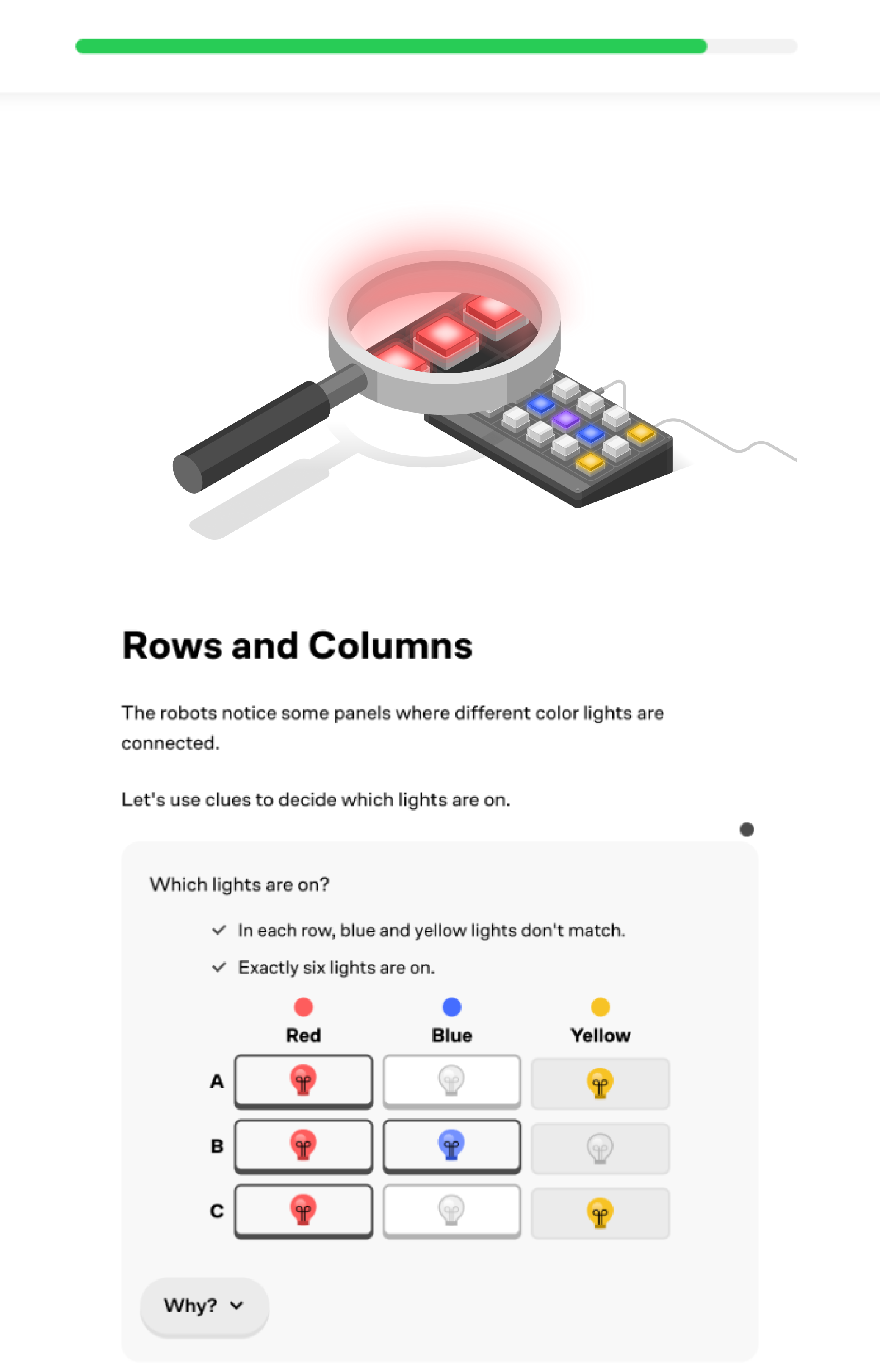 An illustration of a magnifying glass examining a panel with red lights connected to a control device with colored buttons. Below is a quiz about identifying which lights are on based on clues, featuring a table with red, blue, and yellow columns and