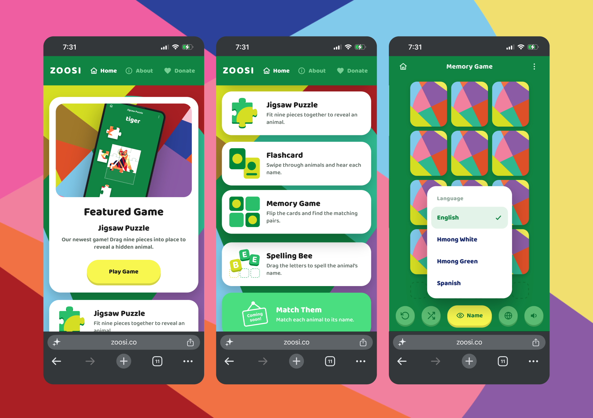 Three screenshots of a mobile app named ZOOSI with various child games, including a jigsaw puzzle of a tiger, memory matching game, and language selection menu, set against a colorful geometric background.