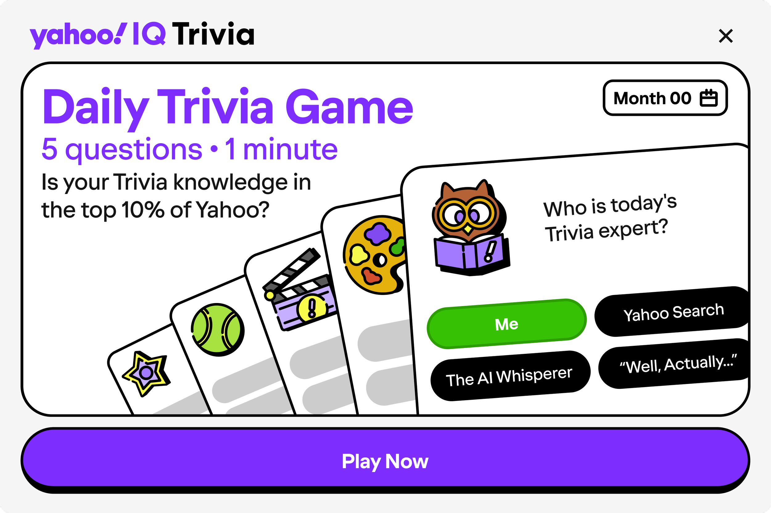 Yahoo! IQ Trivia Daily Trivia Game interface with five questions, a timer, cartoon icons, and a 'Play Now' button.