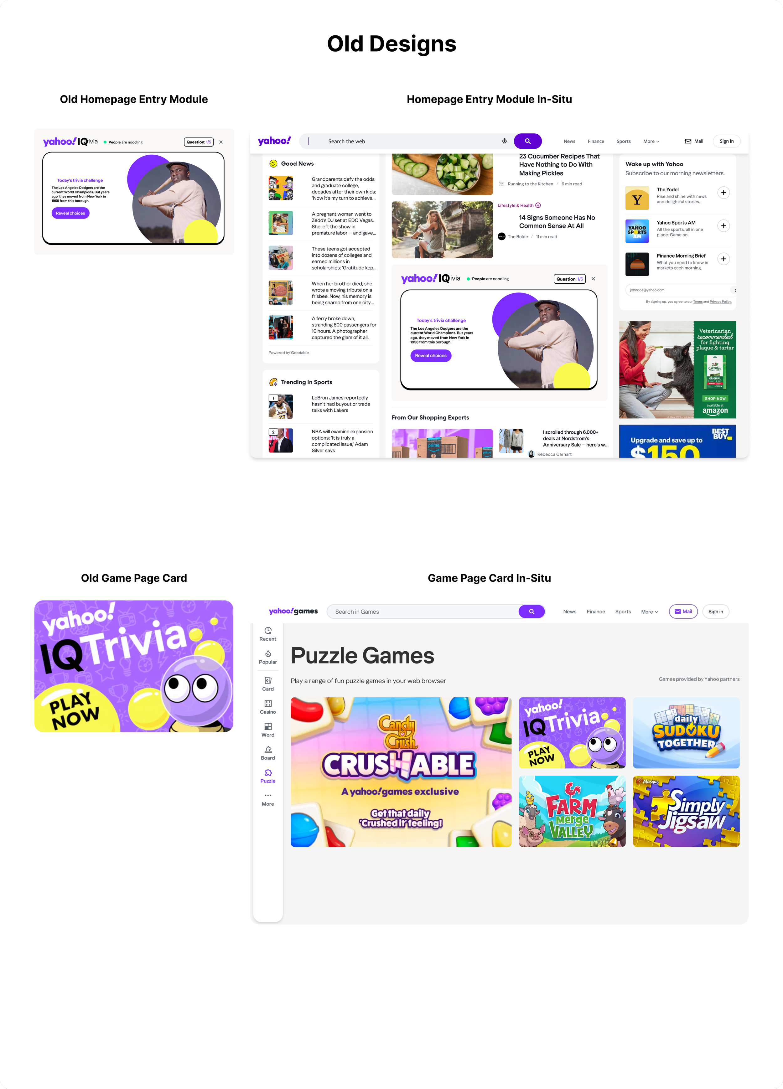 Comparison of old and new website designs for Yahoo, showing homepage entry modules and game page cards for trivia and puzzle games.
