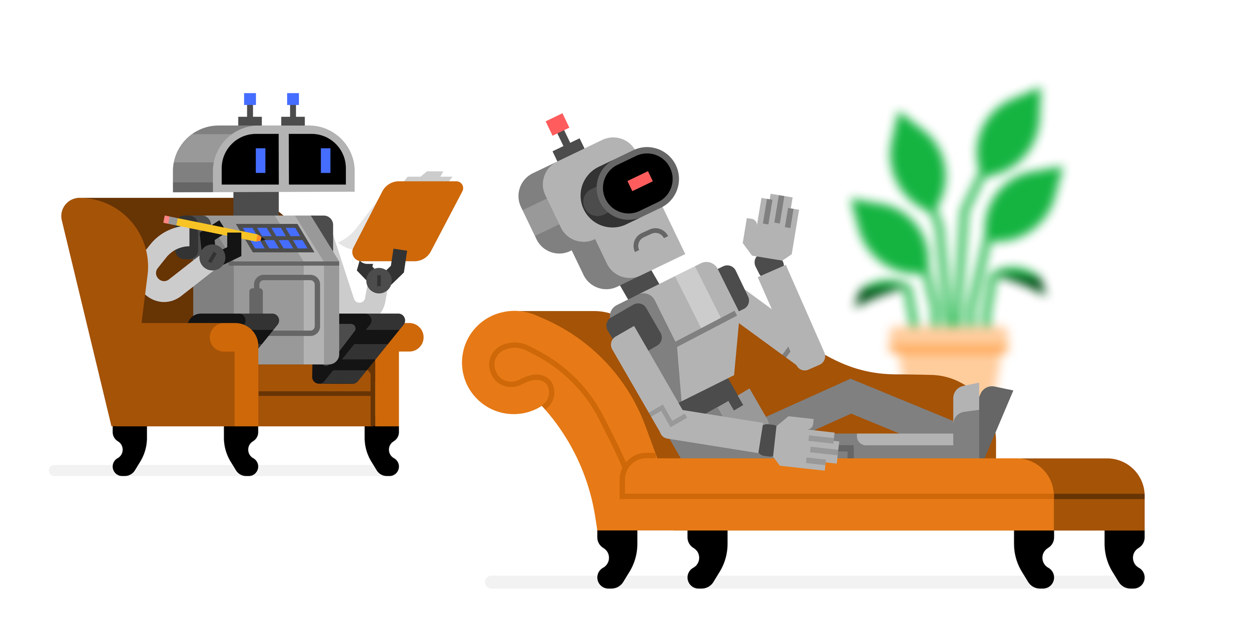 Two robots relaxing on orange couches with a potted plant in the background.