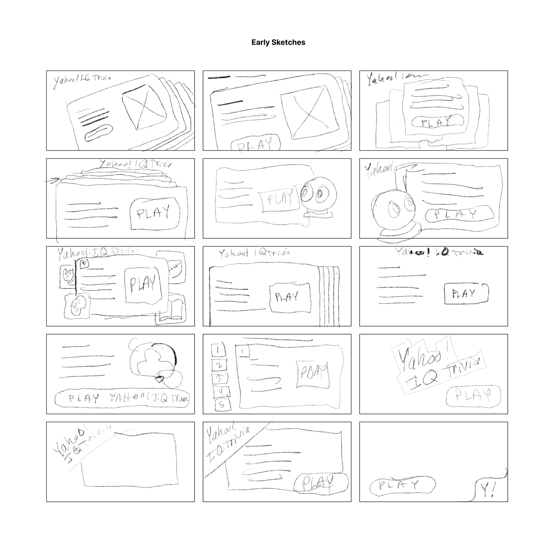 A series of hand-drawn sketches showing a webpage titled 'Early Sketches' for Yahoo! IQ Trivia, featuring various layouts of a 'Play' button and different webpage elements in a grid format.