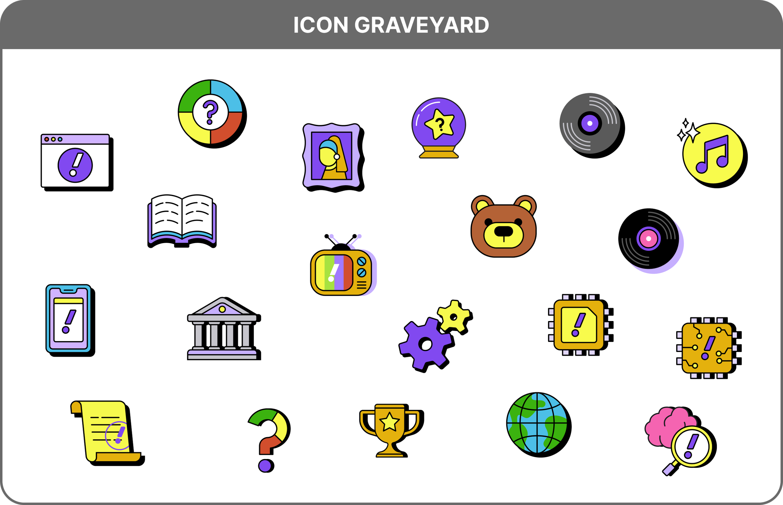 A collection of colorful icons related to media, entertainment, and technology, including a game controller, a pie chart, a framed portrait, a star, vinyl records, a music note, a smartphone, a courthouse, a question mark, a trophy, a globe, and a magnifying glass.