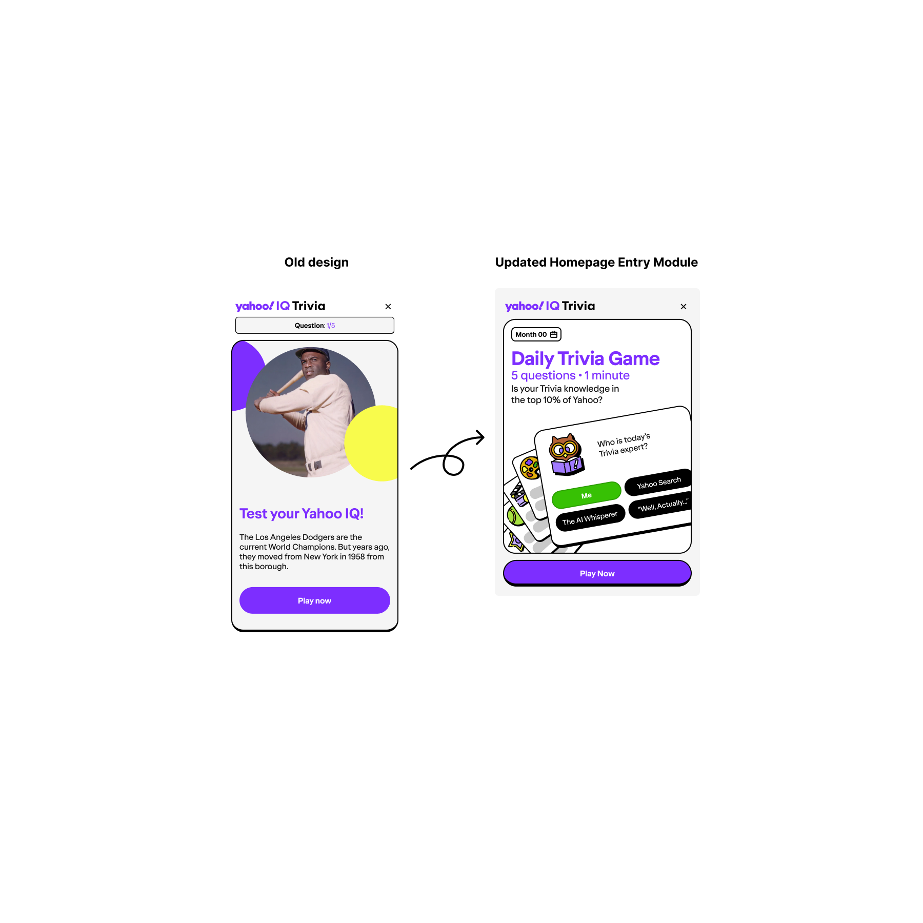 Comparison of old and updated Yahoo IQ trivia app screens. The old design shows a single trivia question with a man's photo, purple accents, and a purple 'Play now' button. The updated design features a daily trivia game interface with a title, quest