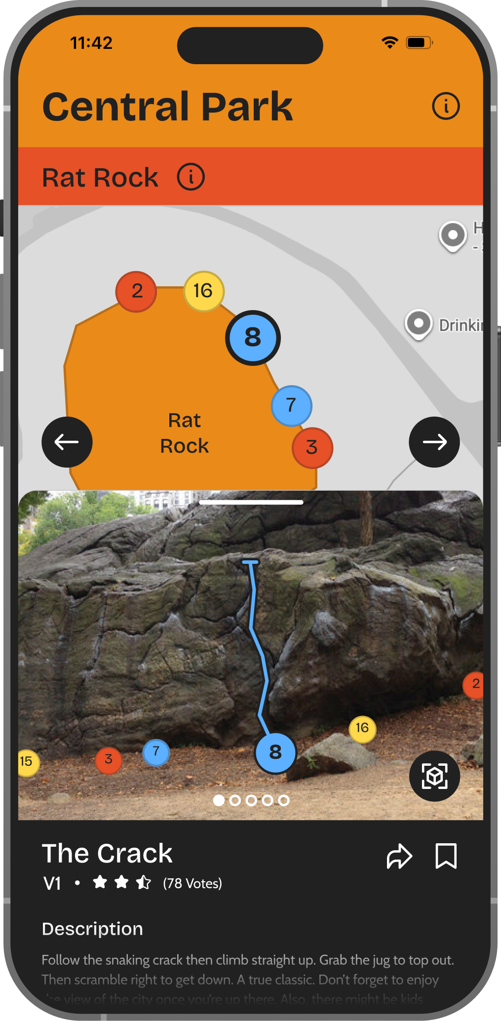 A smartphone screen displaying a rock climbing app with a map of Central Park, featuring a climbing route called The Crack on Rat Rock, with a photo of the rock wall and climbing instructions.