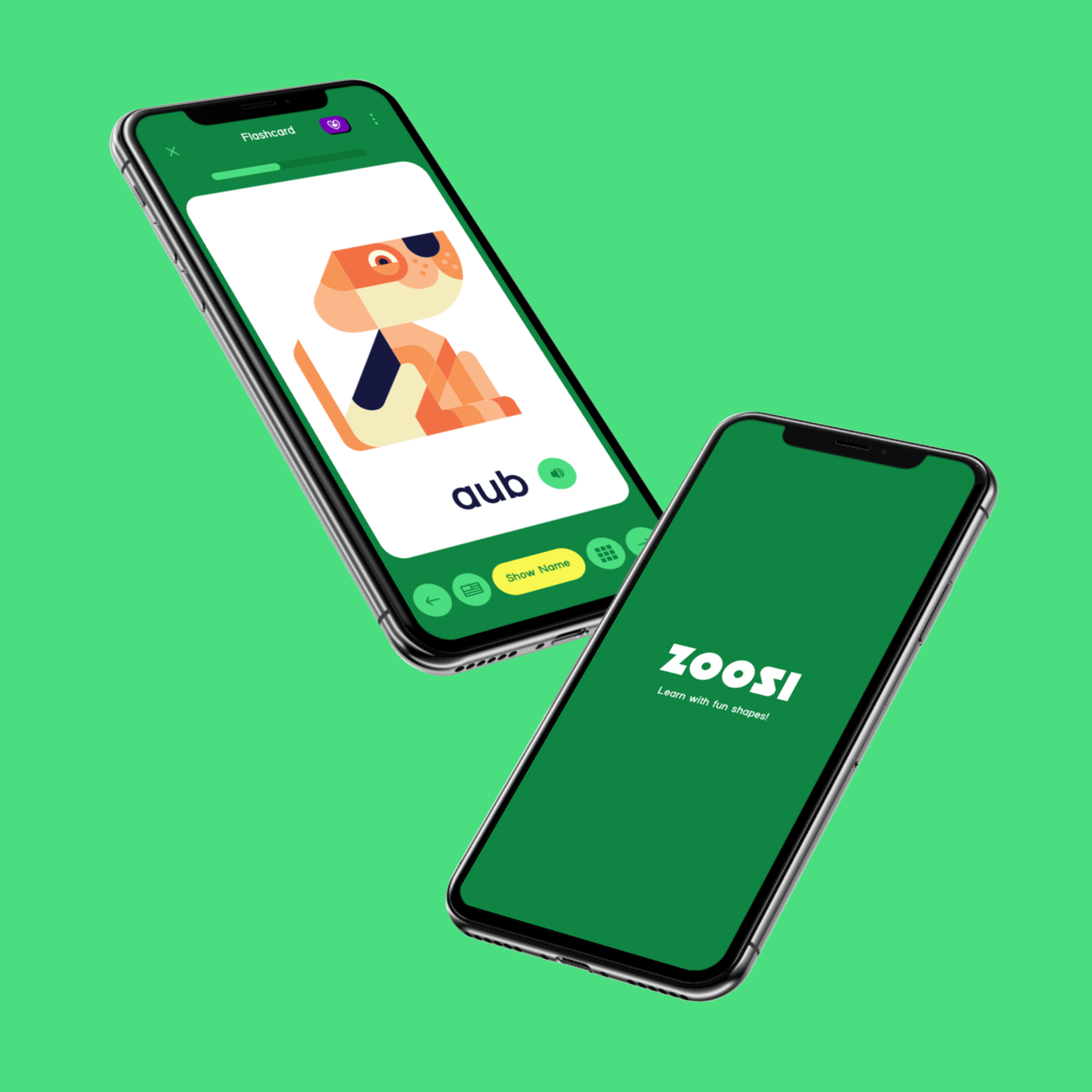 Two smartphones against a green background, one displaying a digital animal flashcard app with a cartoon dog labeled "aub," the other showing the screen of a learning app with the text "ZOO! Learn with fun shapes!"