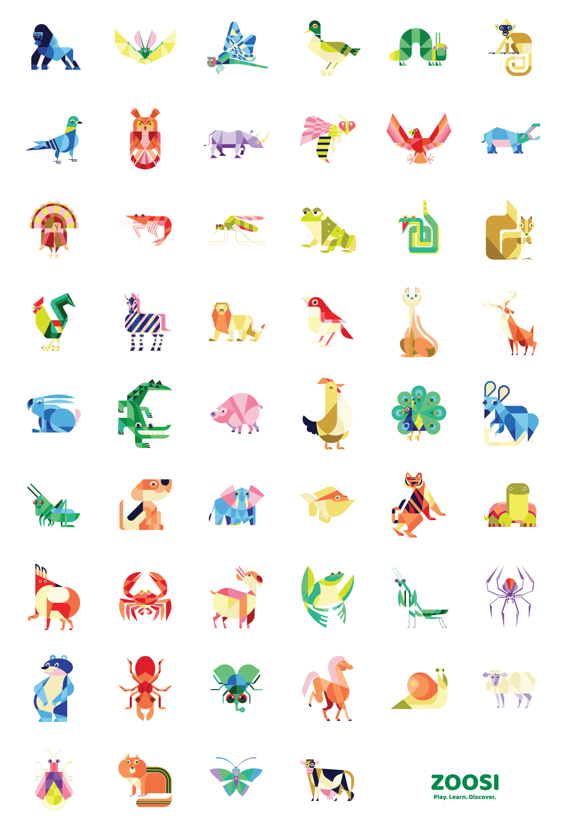 A colorful collection of geometric animal illustrations including a lion, butterfly, dragonfly, duck, chameleon, monkey, pigeon, owl, rainbow moth, eagle, elephant, snake, frog, squirrel, peacock, zebra, lion, bird, cat, dog, peacock, rabbit, camel, tiger, zebra, whale, crocodile, pig, butterfly, horse, snake, zebra, cow, camel, lion, cheetah, horse, owl, wolf, fox, crab, lobster, bee, horse, zebra, butterfly, penguin, horse, butterfly, gorilla, and a logo with the text "ZOOSI Play. Learn. Discover."
